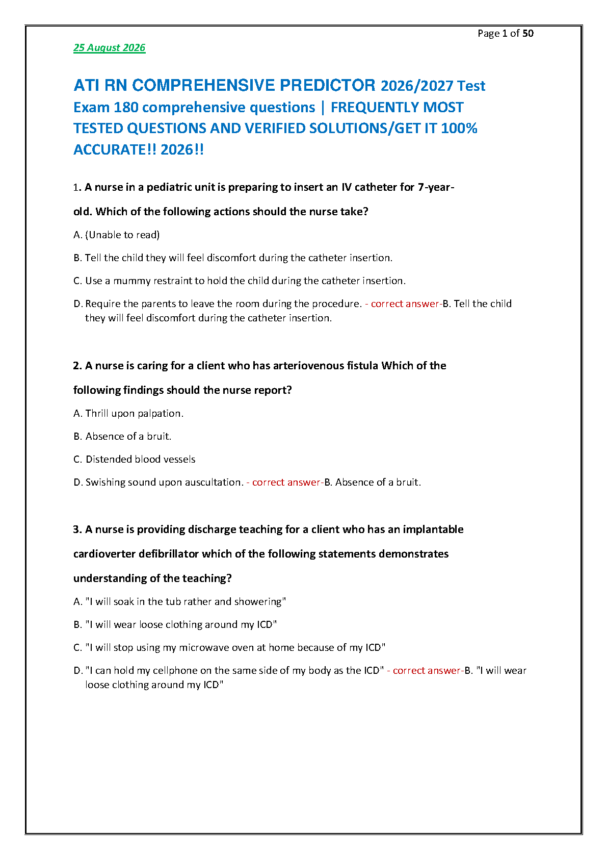 ATI NCLEX RN Predictor Test Bank 2026 Practice Questions with Verified Answers and Rationale for Exam Mastery