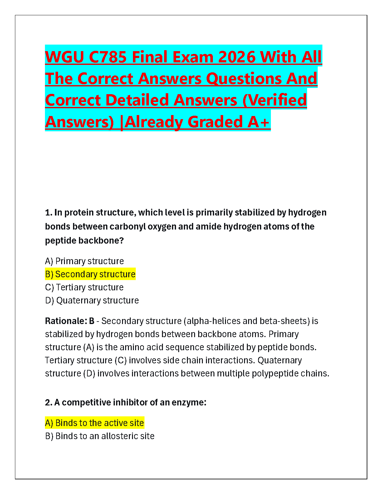WGU C785 Biochemistry Final Exam Test Bank: Verified Questions & Detailed Rationales for A+ Graded Success