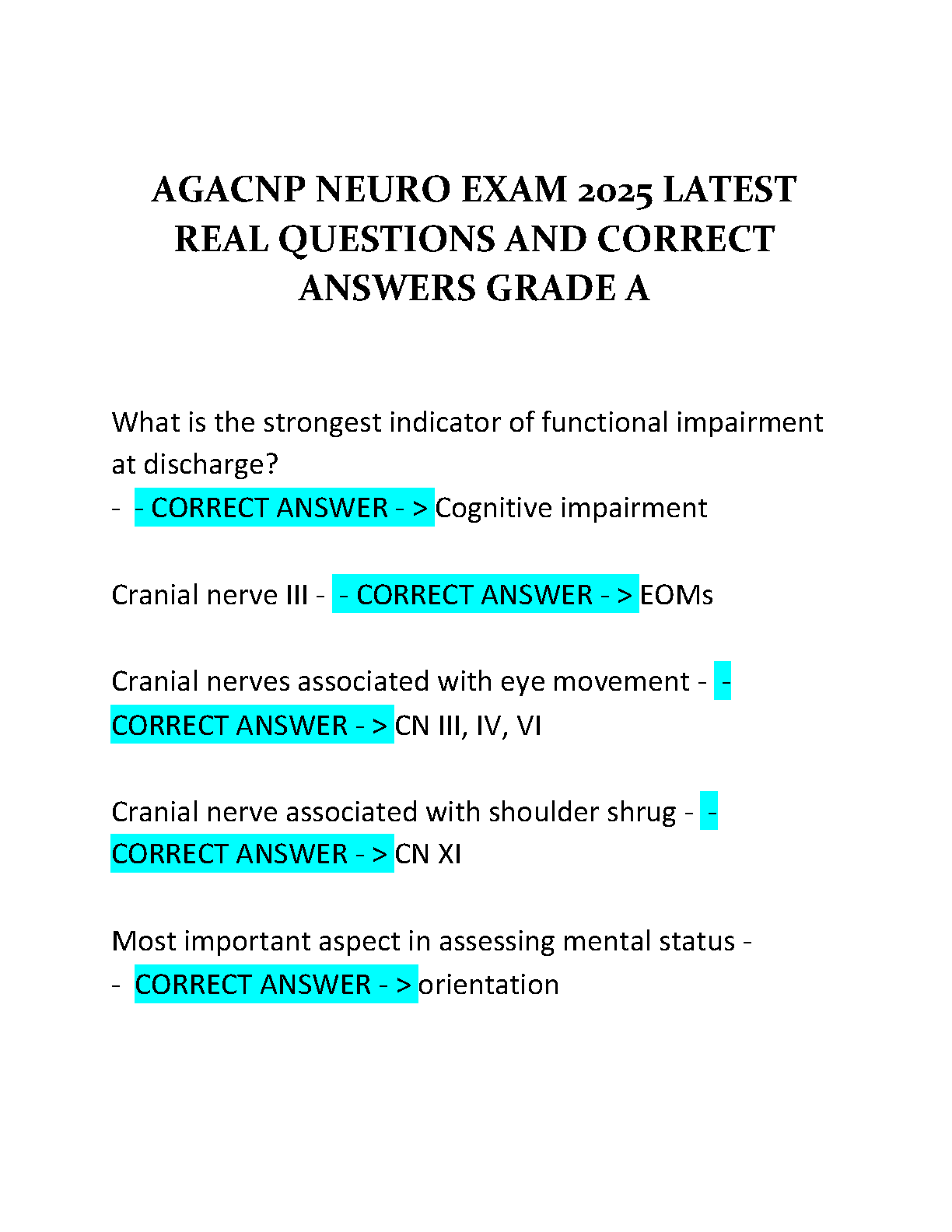 2025/2026 AGACNP Neuro Exam: Comprehensive Real Questions & Verified Answers for First-Attempt Success – Based on Adult-Gerontology Acute Care Nurse Practitioner Certification Review, 2nd Edition by Jill R. Beavers-May and Dawn Carpenter