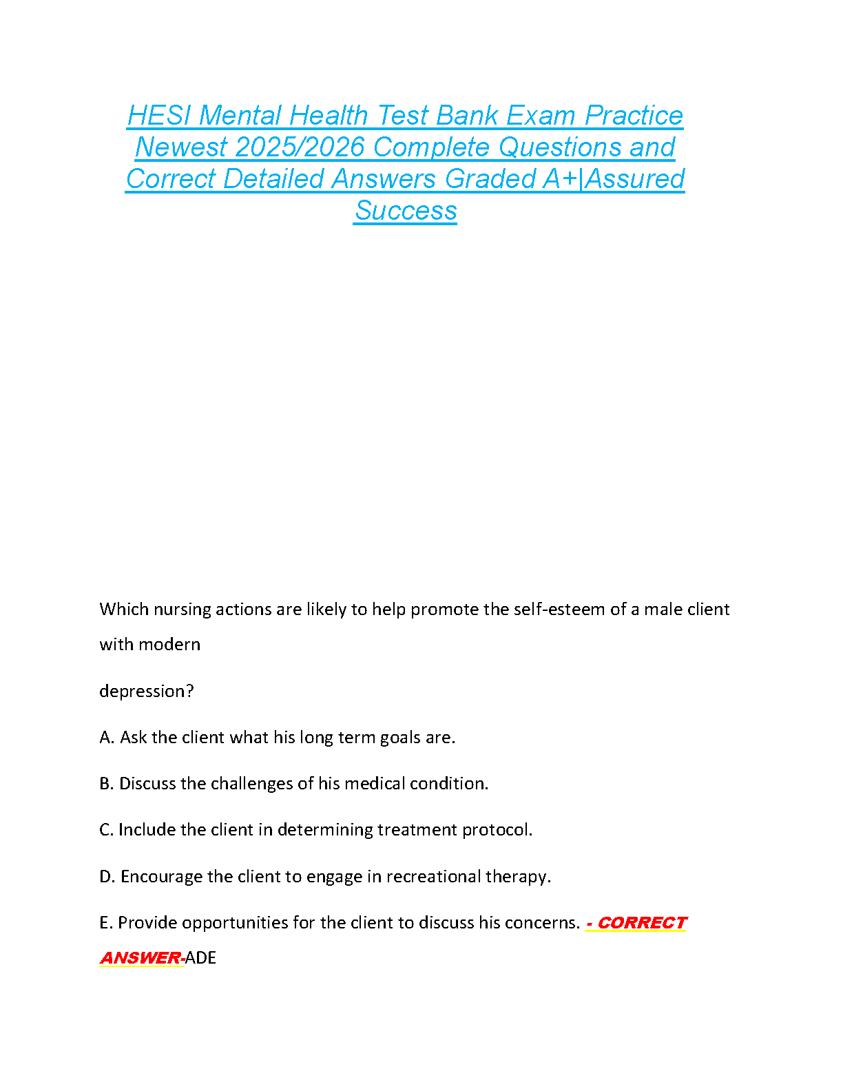 HESI Mental Health Test Bank 2025/2026: Verified Questions and Detailed Answers for Exam Success