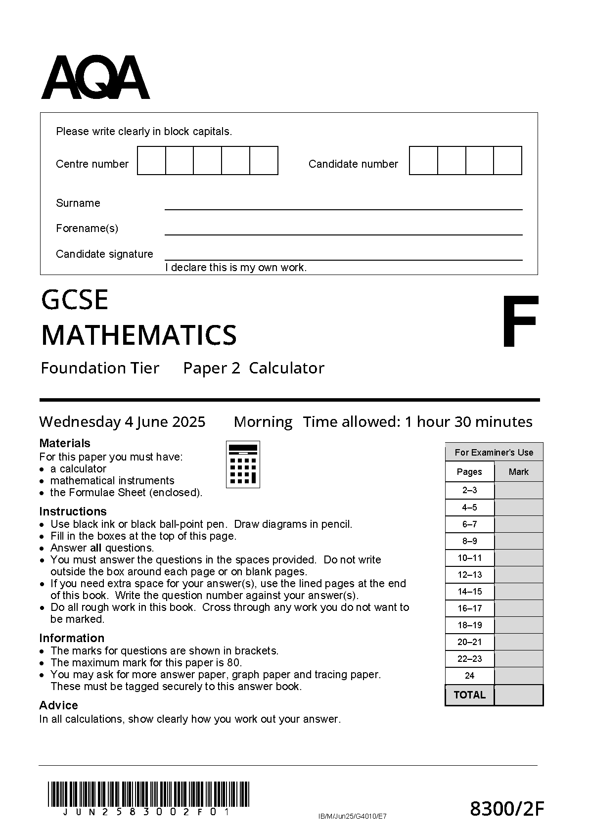 AQA GCSE Maths Paper 2 2025 Question Paper