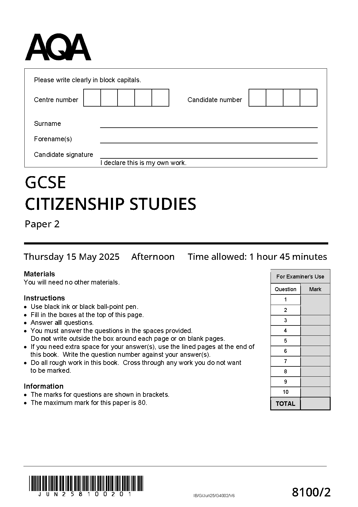 MERGED 2025 AQA GCSE CITIZENSHIP STUDIES Paper 2 Question Paper and Mark Scheme (8100/2)
