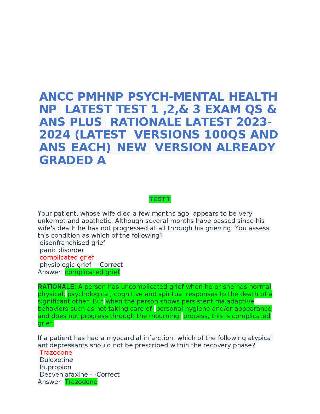 ANCC PMHNP Exam Questions and Answers with Rationales for Psychiatric Mental Health Nursing Certification