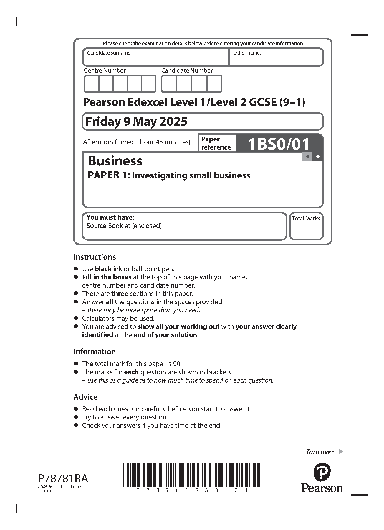 PEARSON EDEXCEL A LEVEL BUSINESS PAPER 1 2025
