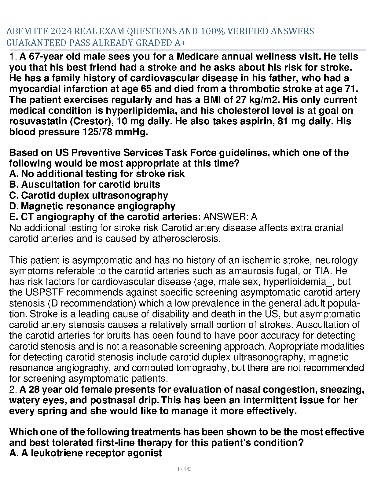 ABFM ITE 2024 Real Exam Questions and Answers: 100% Verified, Guaranteed Pass - Edition 2024 Study Guide