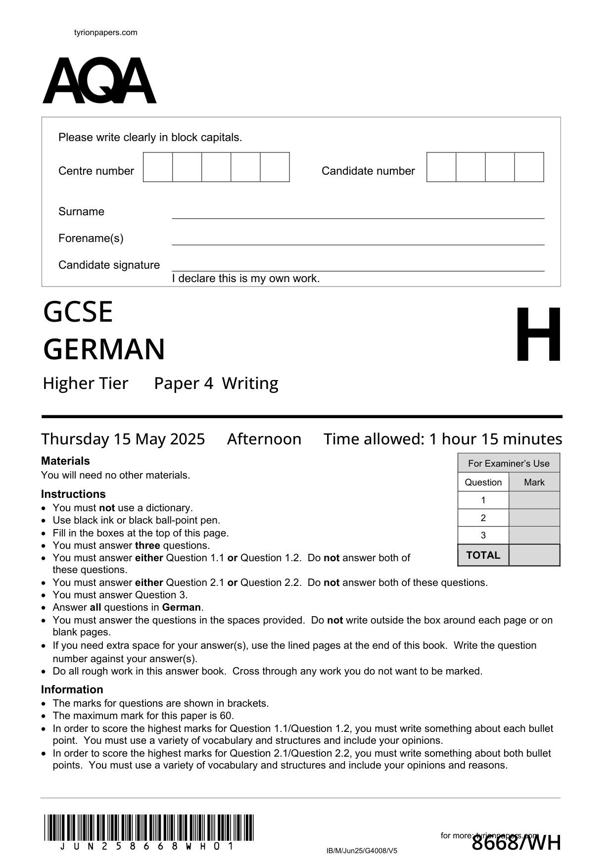 AQA GCSE German Paper 4H 2025 Writing QP
