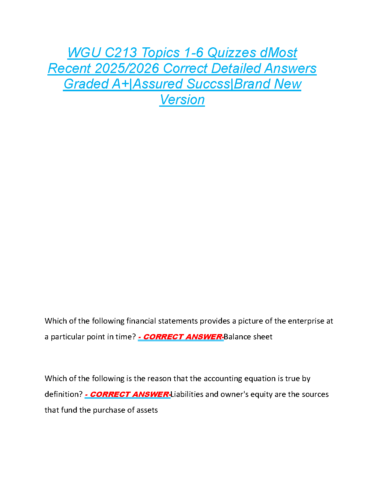 WGU C213 Accounting for Decision Makers Topics 1-6 Quizzes with Verified A+ Answers 2025/2026 Study Guide