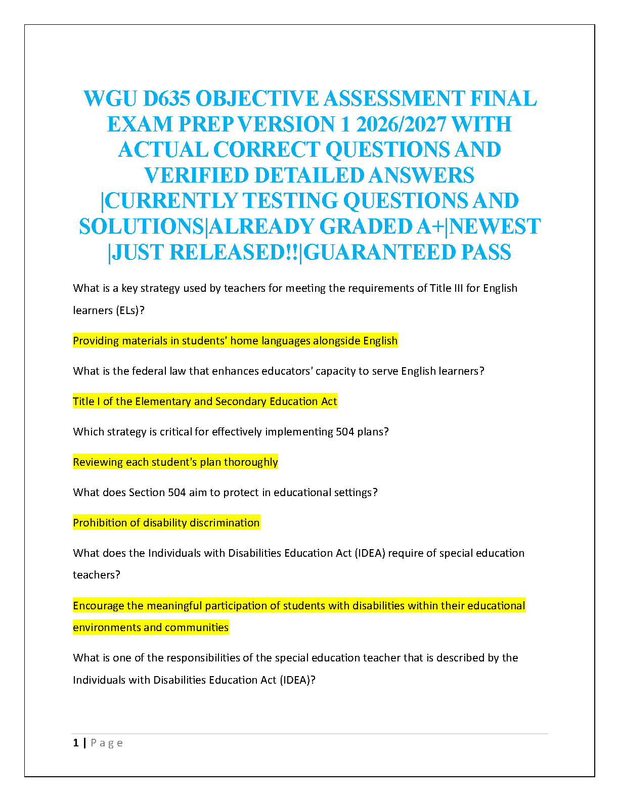 WGU D635 Teacher as Educational Leader Final Exam Test Bank with Verified Q&A (2026/2027)