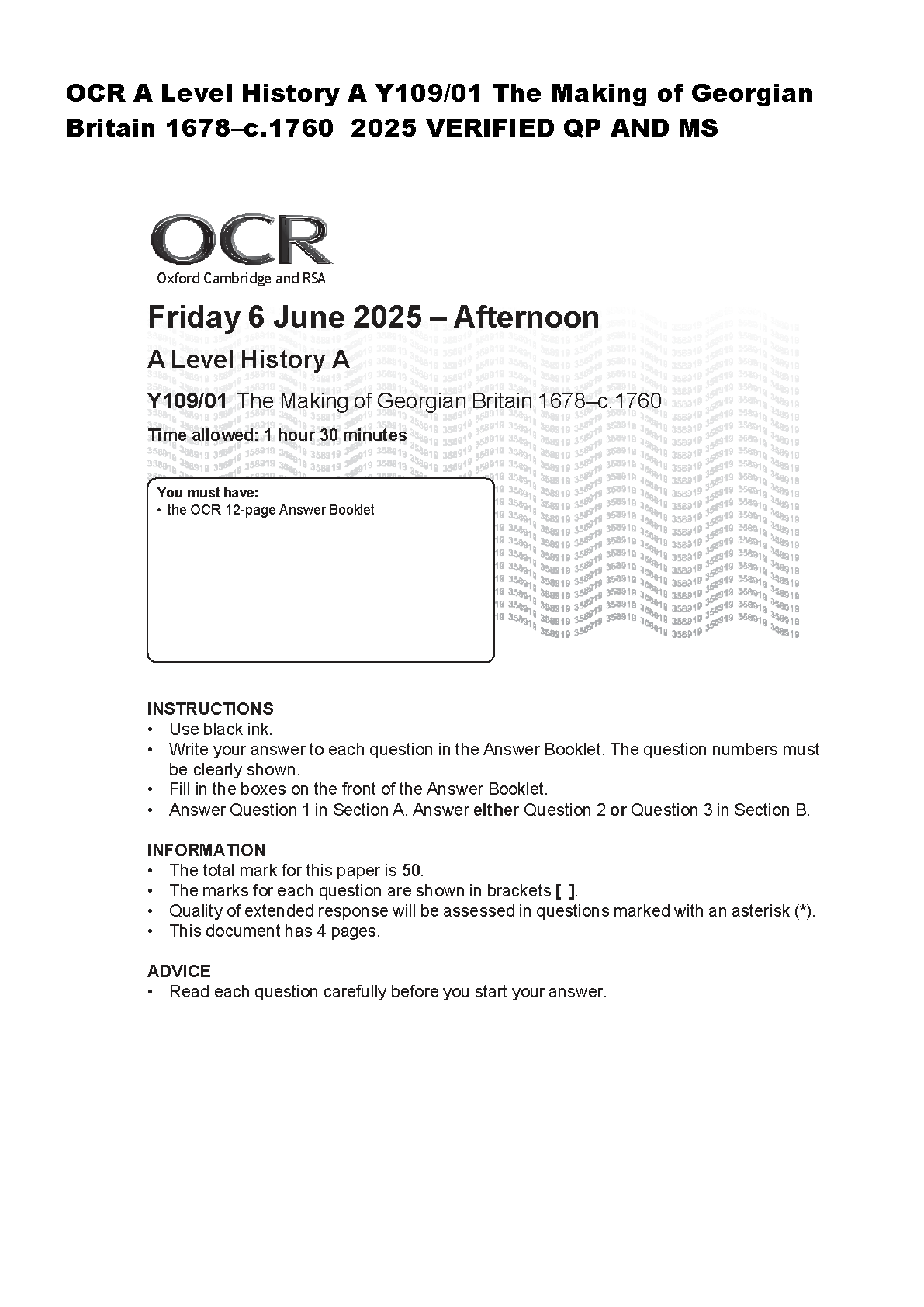 OCR A Level History Y109/01 The Making of Georgian Britain June 2025 Verified Question Paper and Mark Scheme Released for 2026