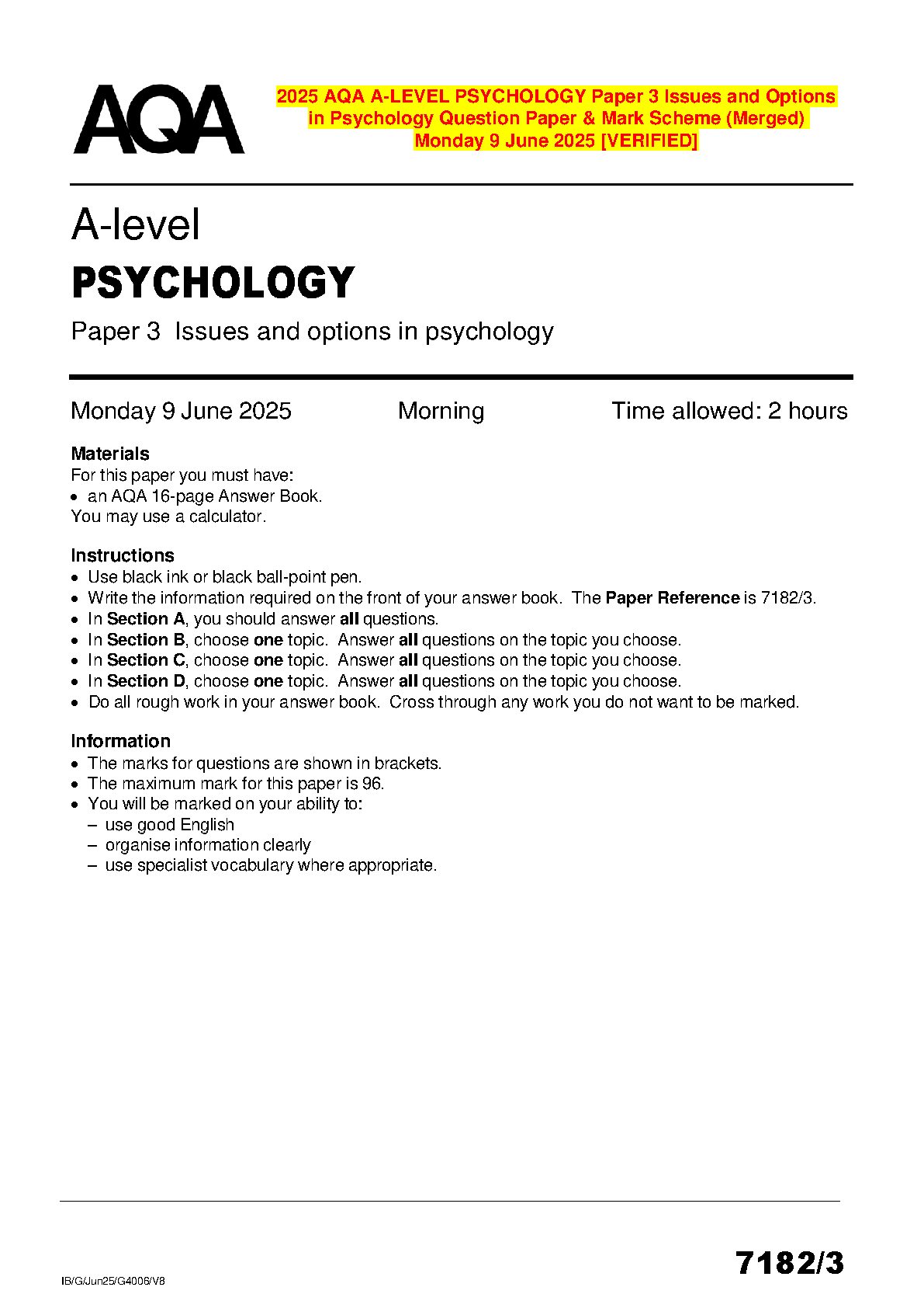 Master AQA A-Level Psychology Paper 3: Issues and Options (7182/3) - June 2025 Question Paper with Mark Scheme | Guaranteed Pass for 2025/2026