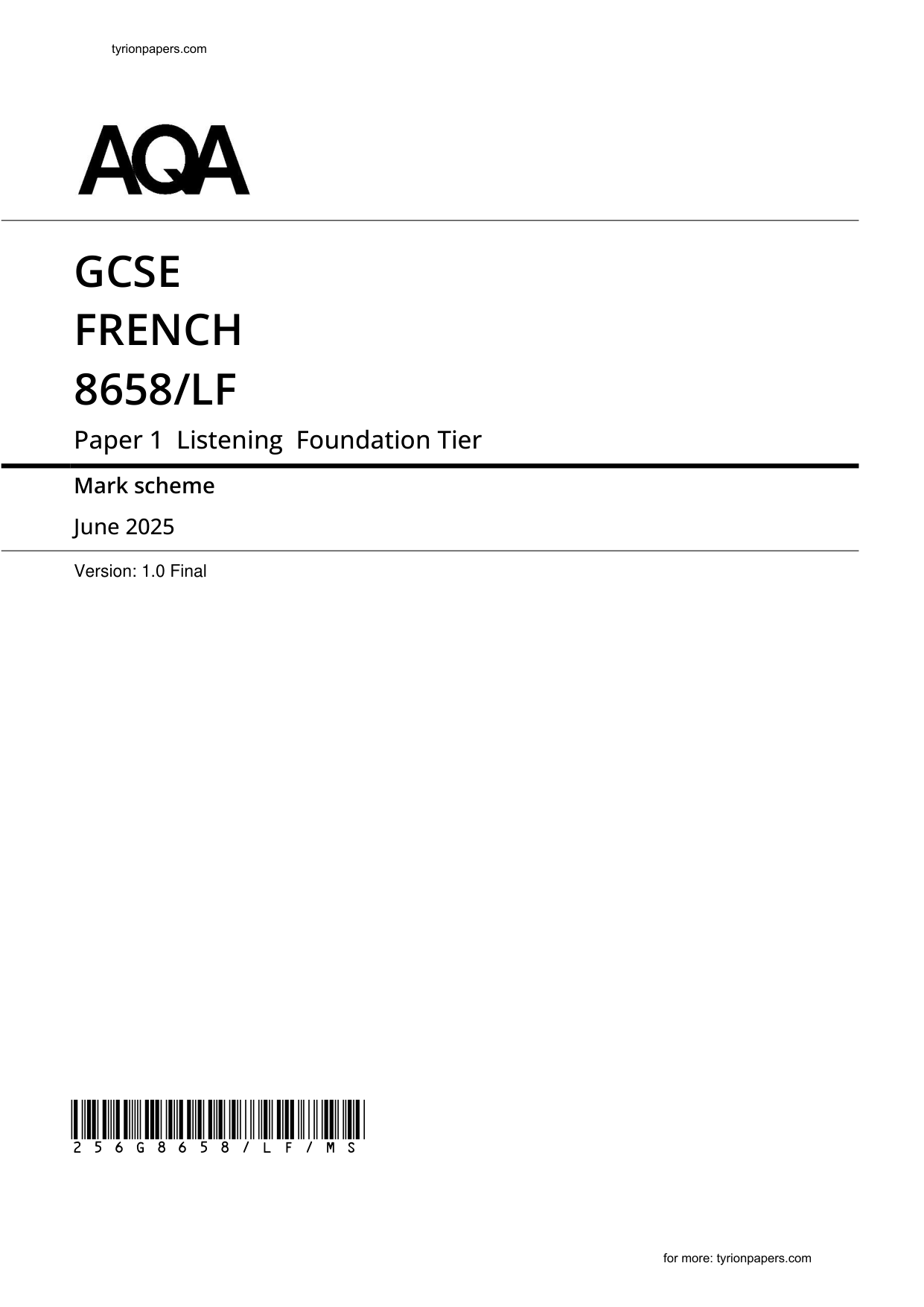 AQA GCSE French Paper 1f 2025 Listening Mark Scheme PDF