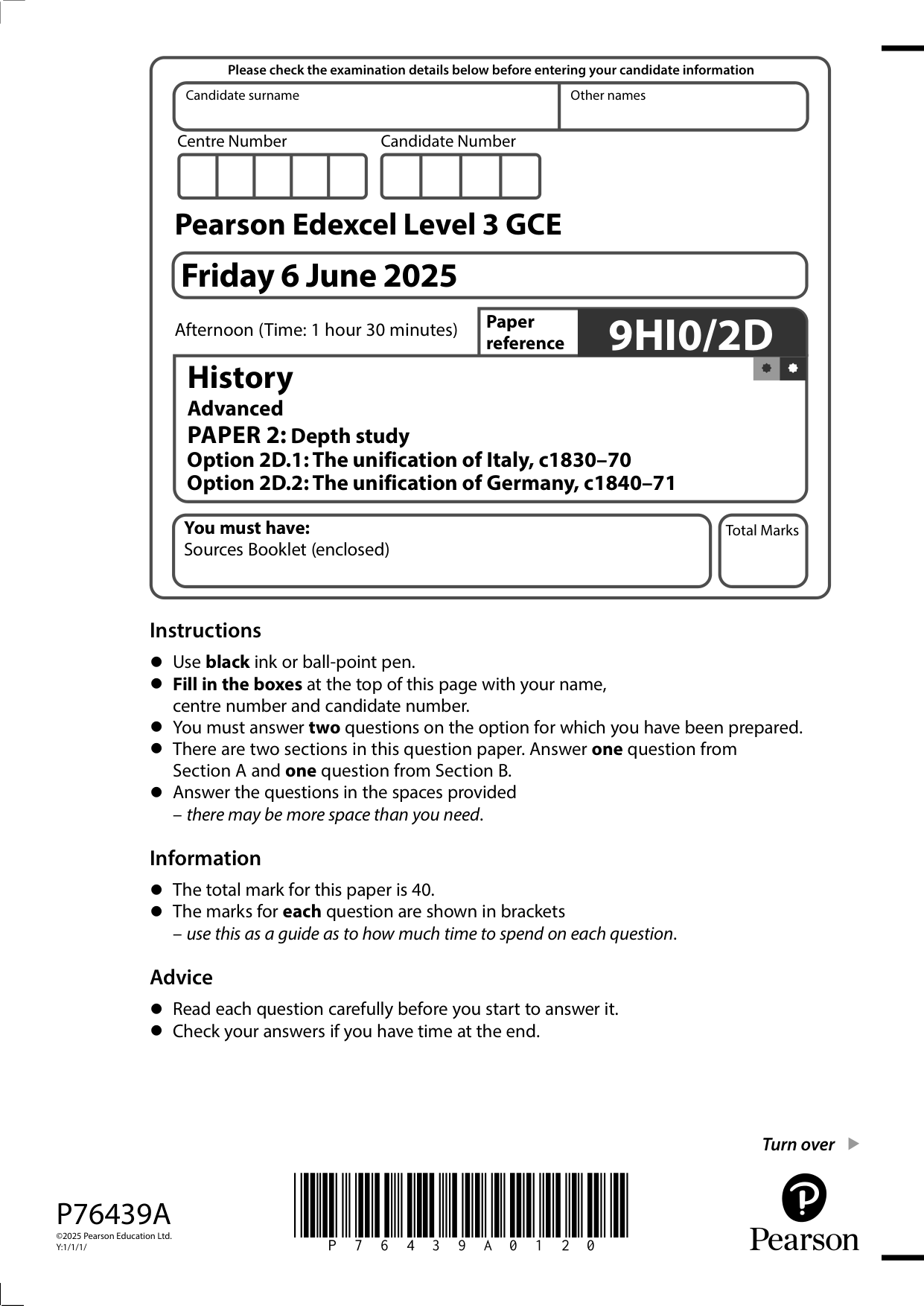 Pearson Edexcel A Level History Paper 2D 2025 QP PDF