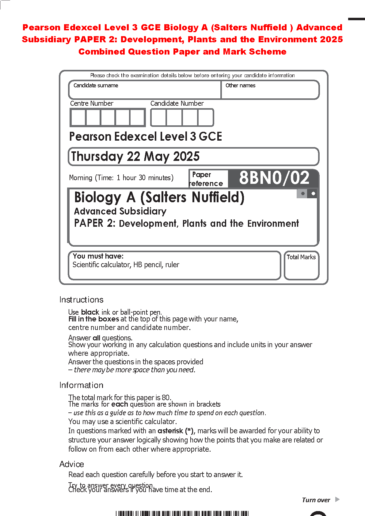 Pearson Edexcel Level 3 GCE Biology A Salters Nuffield Advanced Subsidiary Paper 2 Development Plants Environment May 2025 Exam Questions and Mark Scheme