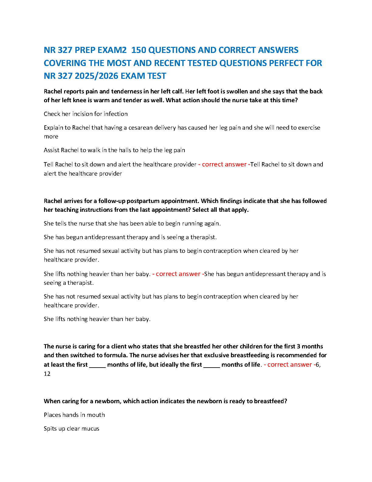 NR 327 Prep Exam 2 Complete Study Guide With 150 Verified Answers For Maternal Newborn Nursing Course Updated For The 2026/2027 Academic Year