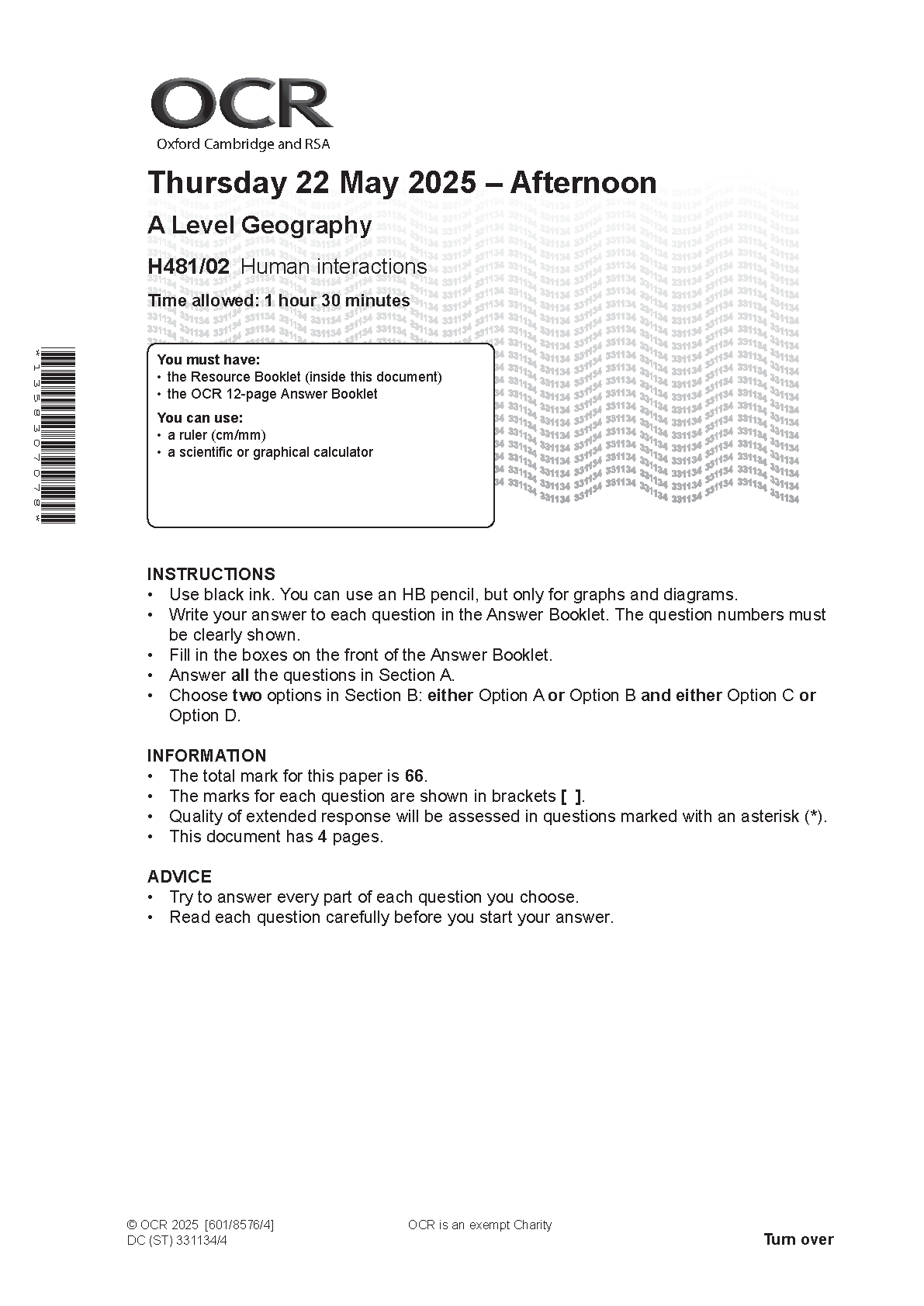 OCR A Level Geography Paper 2 2025 Question Paper