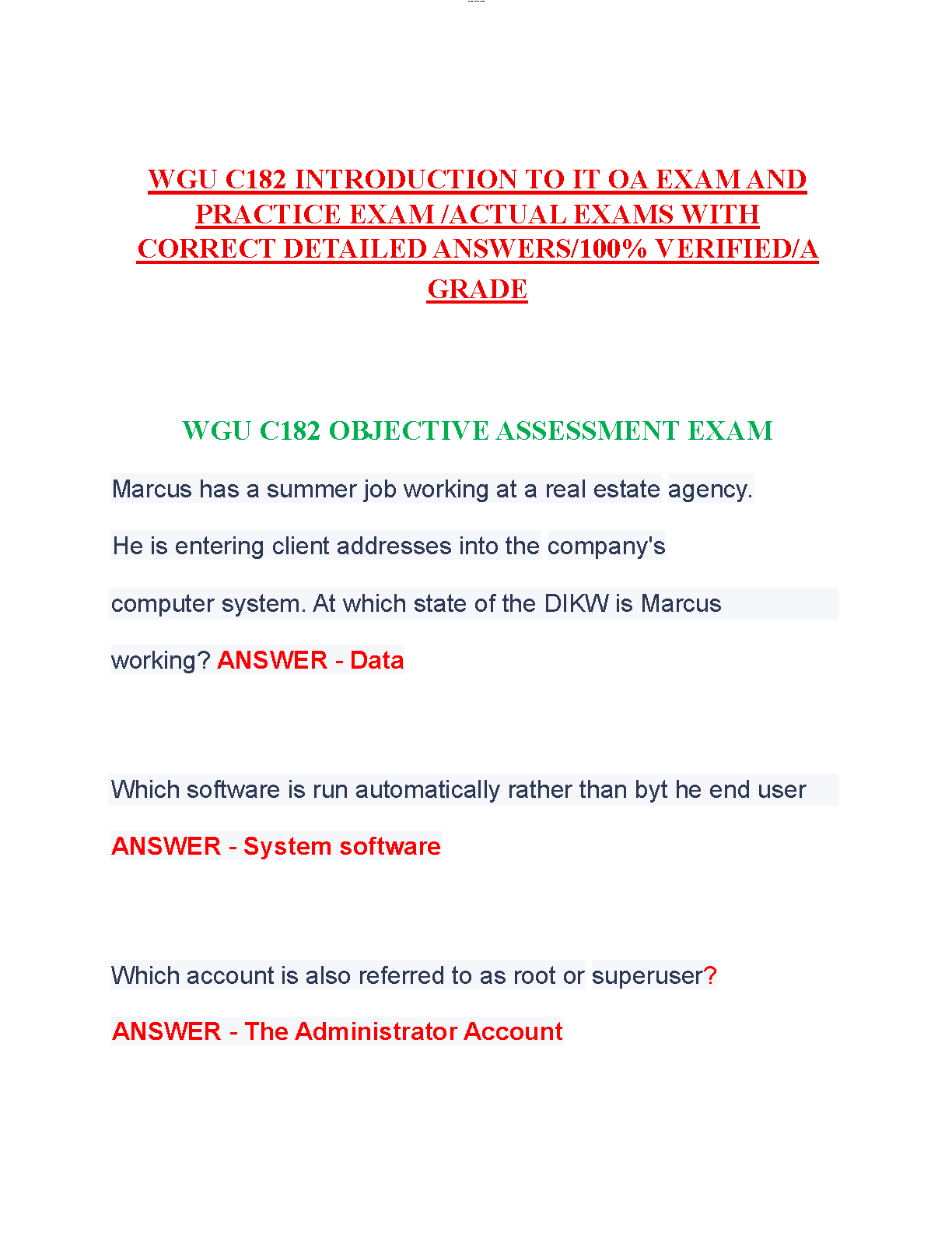 WGU C182 Introduction to IT Objective Assessment Exam Test Bank with Verified Answers for 2025/2026 Success
