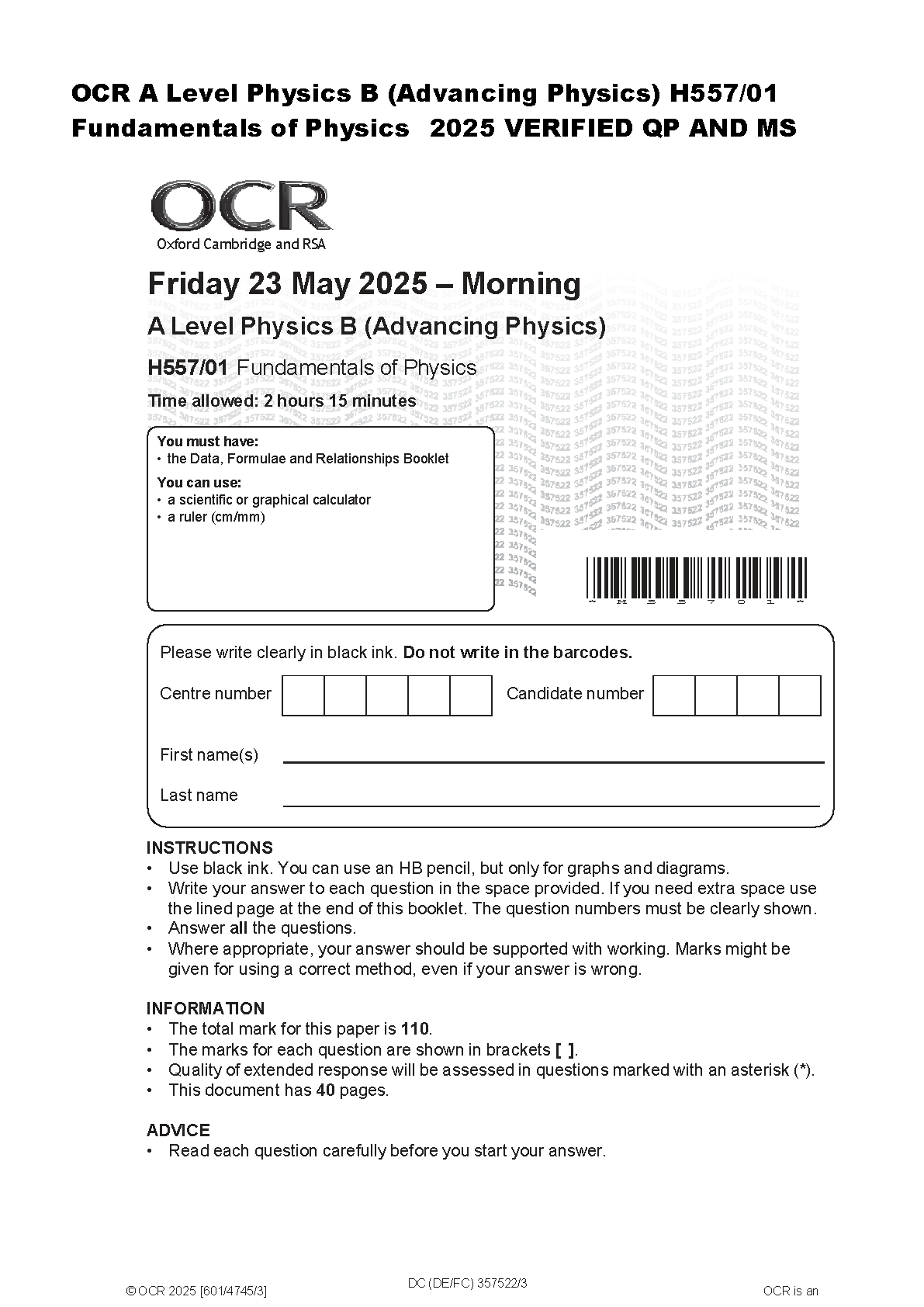 AQA A Level Physics B Advancing Physics H557/01 Fundamentals of Physics May 23 2025 Past Paper Question Booklet with Mark Scheme for Exam Revision