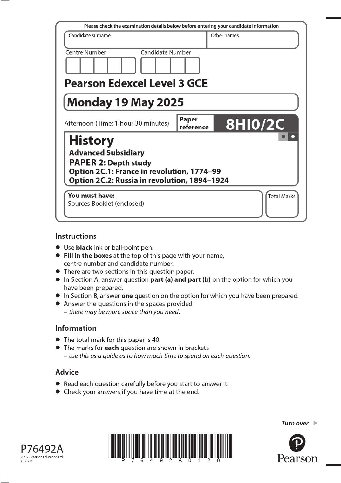 Edexcel A-Level History Paper 2 (8HI0/2C) May 2025 Question Paper ...