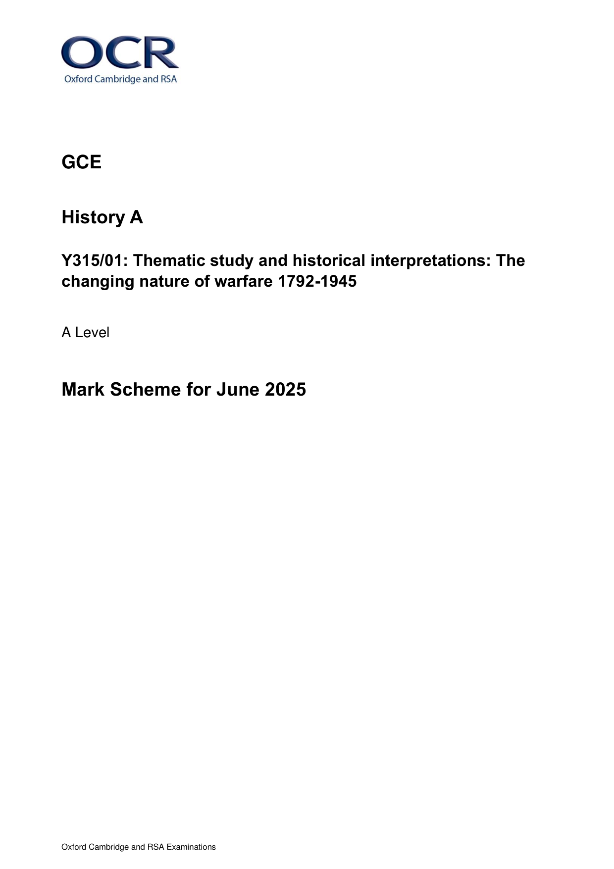 OCR A Level History A Nature Warfare 2025 Mark Scheme