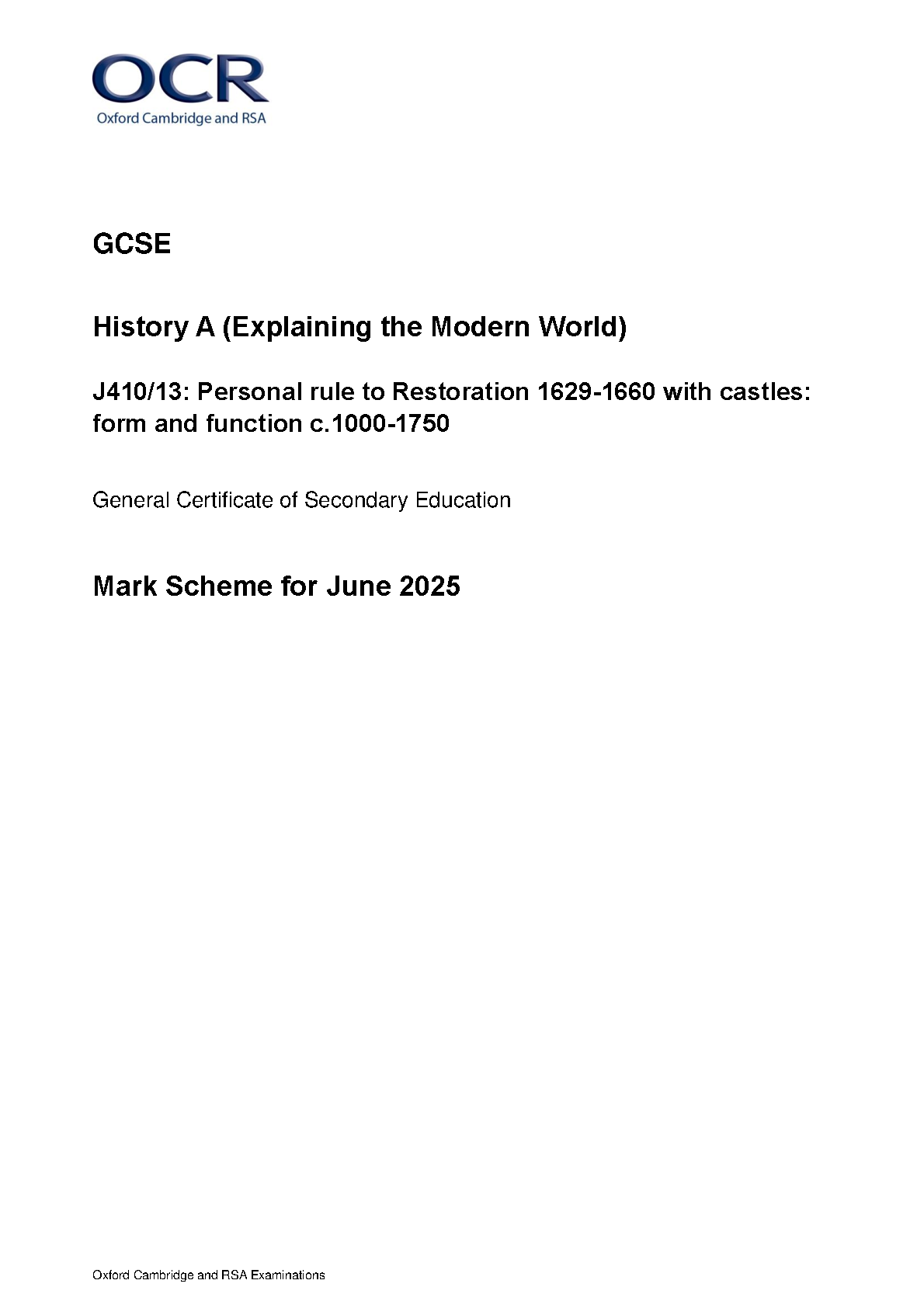 OCR GCSE History A Paper 13  2025 Mark Scheme PDF