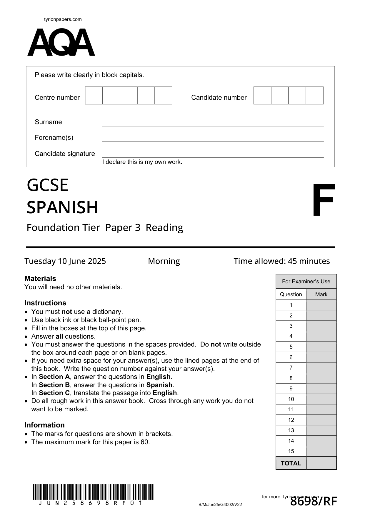 AQA GCSE Spanish Paper 3F 2025 Reading QP