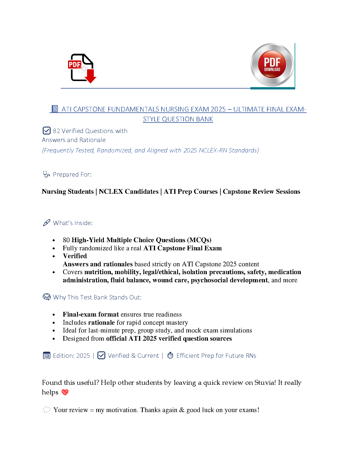 ATI Capstone Fundamentals Nursing Exam Question Bank with NCLEX-RN Aligned Rationales for 2026/27 Candidates