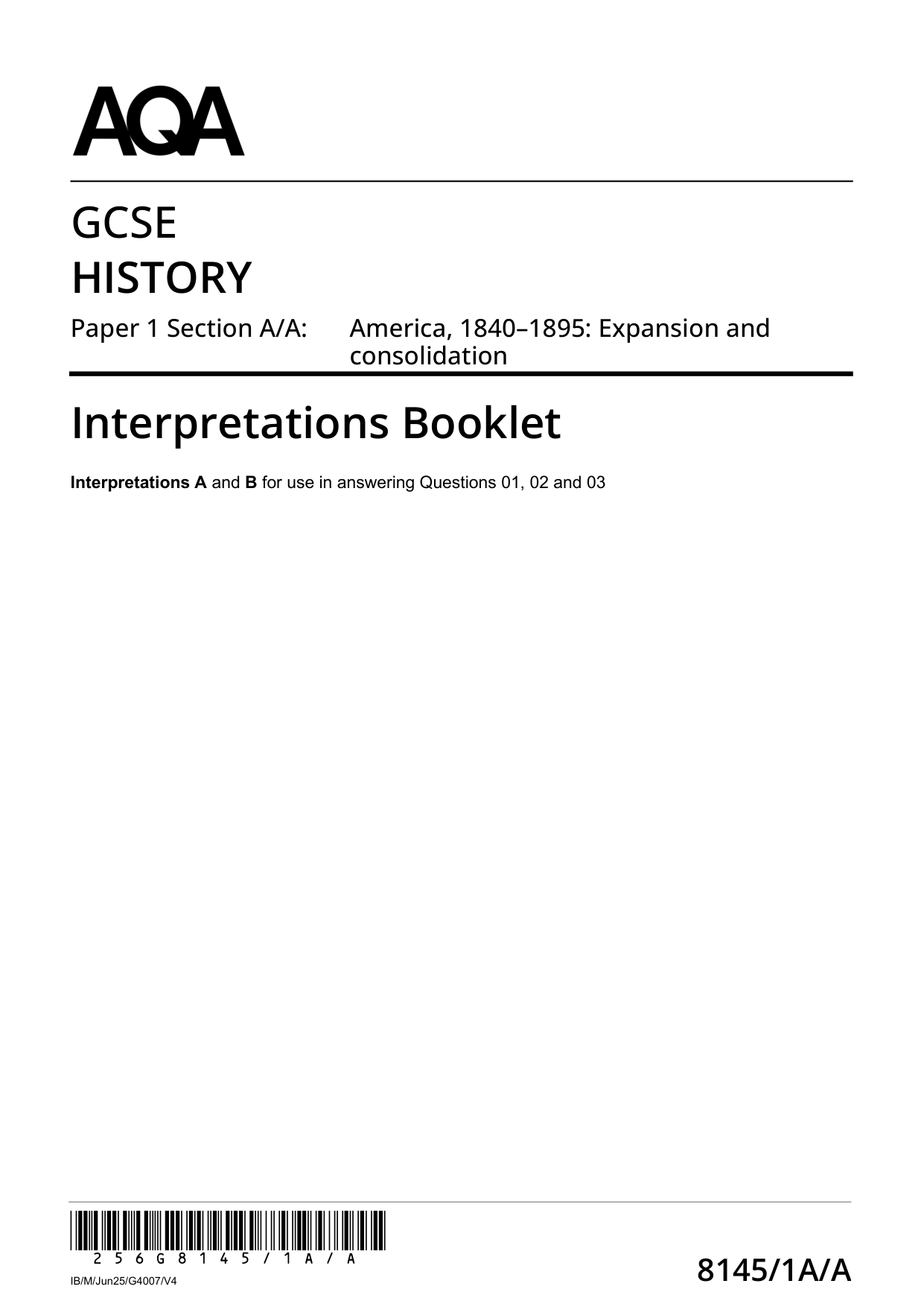 AQA GCSE History Paper 1A Section A/C 2025 Booklet