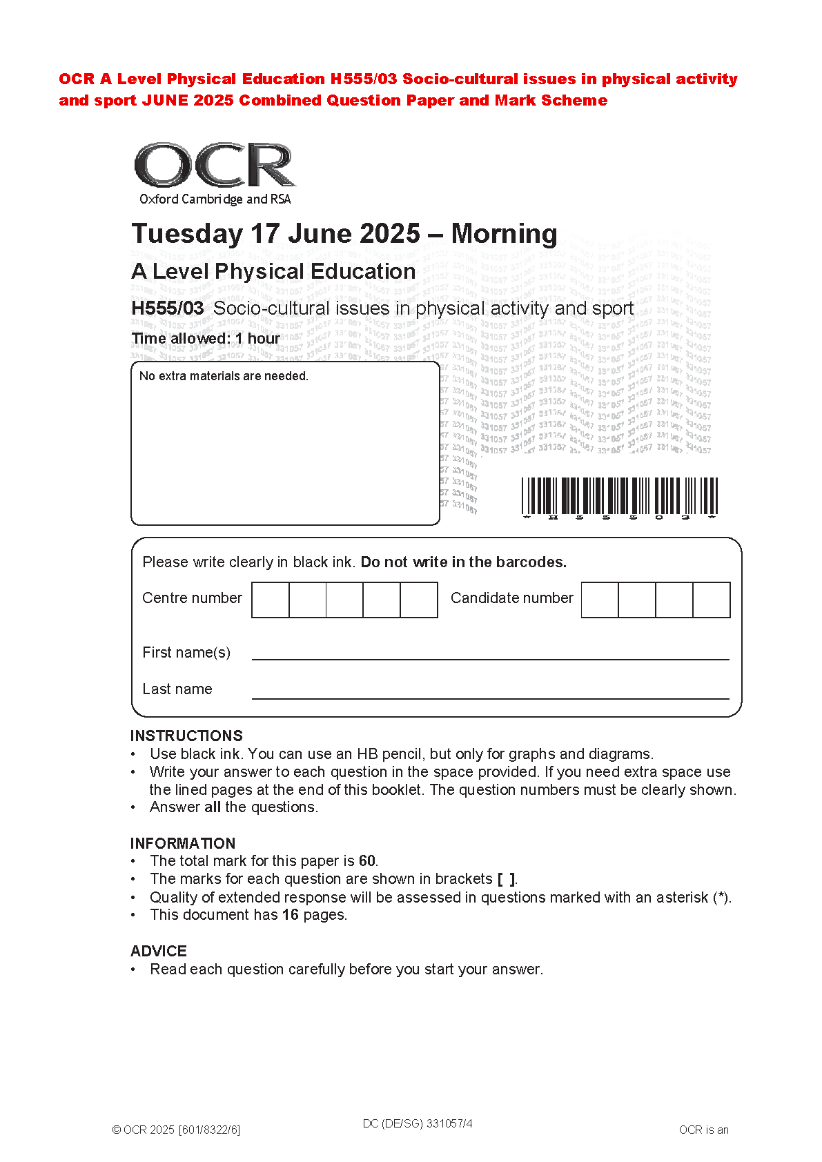 A Level Physical Education H555/03 Socio-cultural Issues June 2025 Morning Paper with Mark Scheme and Exam Questions for AQA Students