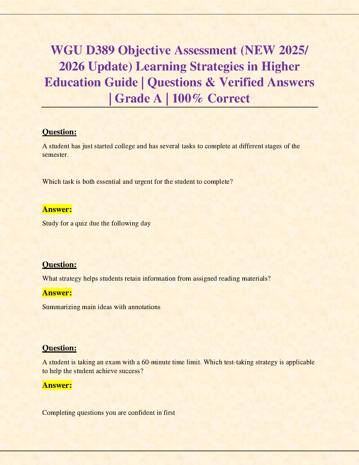 WGU D389 Objective Assessment: Learning Strategies in Higher Education Study Guide and Verified Questions 2025/2026