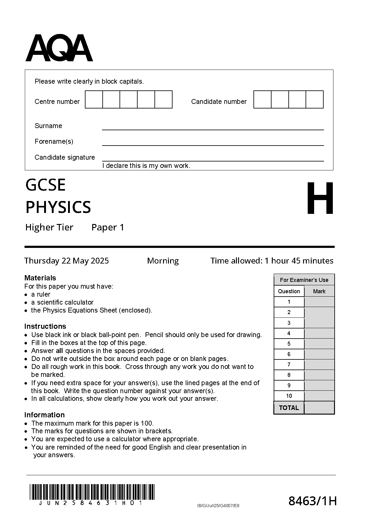 2025 AQA GCSE Physics Paper 1 (8463/1H: Higher Tier)