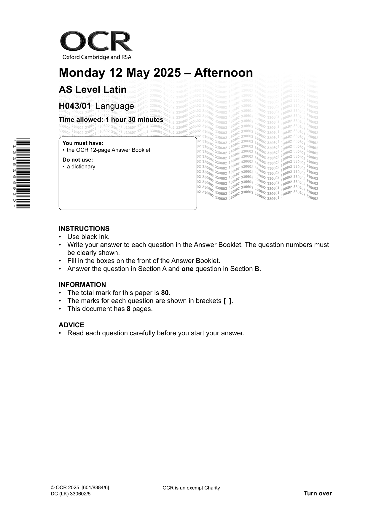 OCR AS Level Latin Paper 1 2025 Question Paper