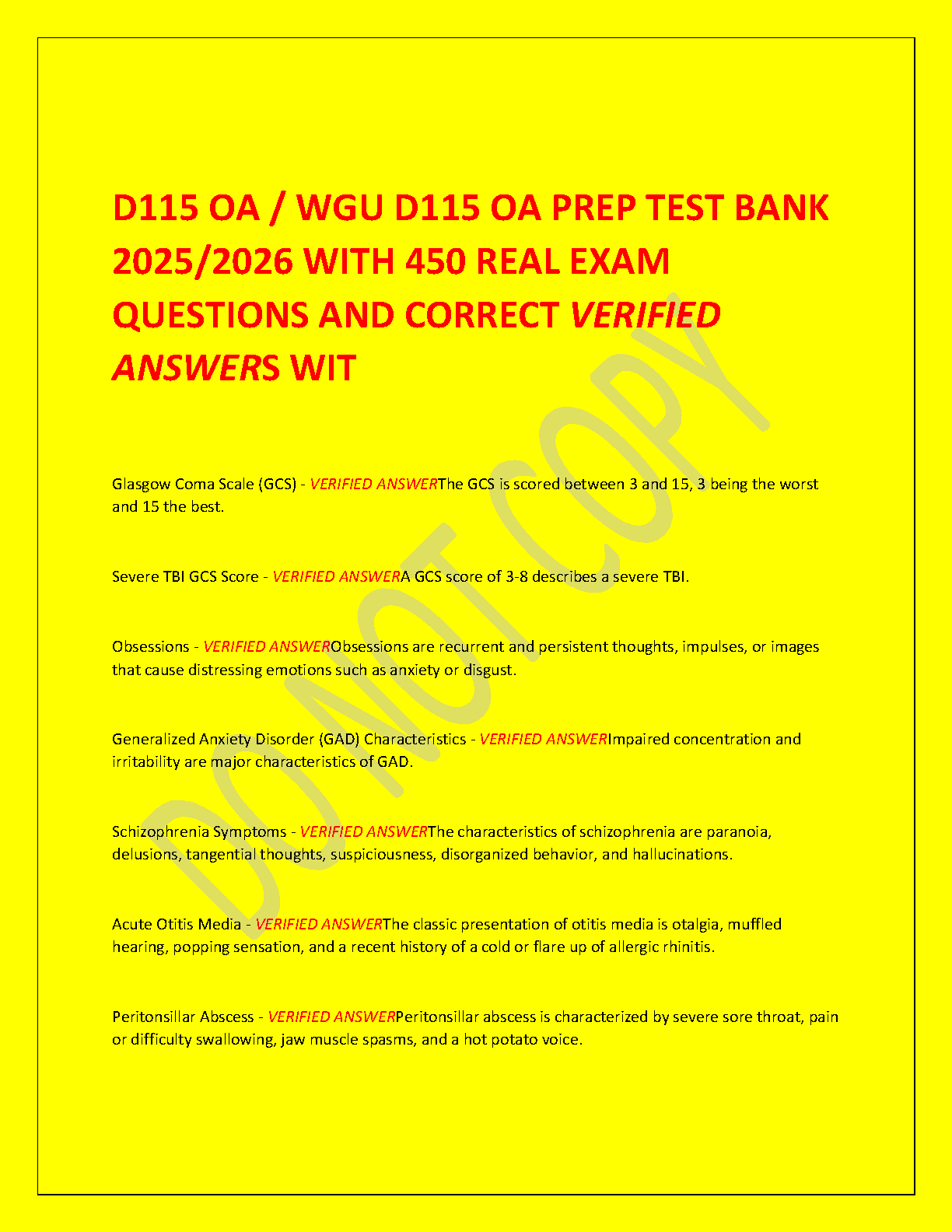 WGU D115 Objective Assessment Test Bank 2025/26 with Verified Answers for Nursing Exams