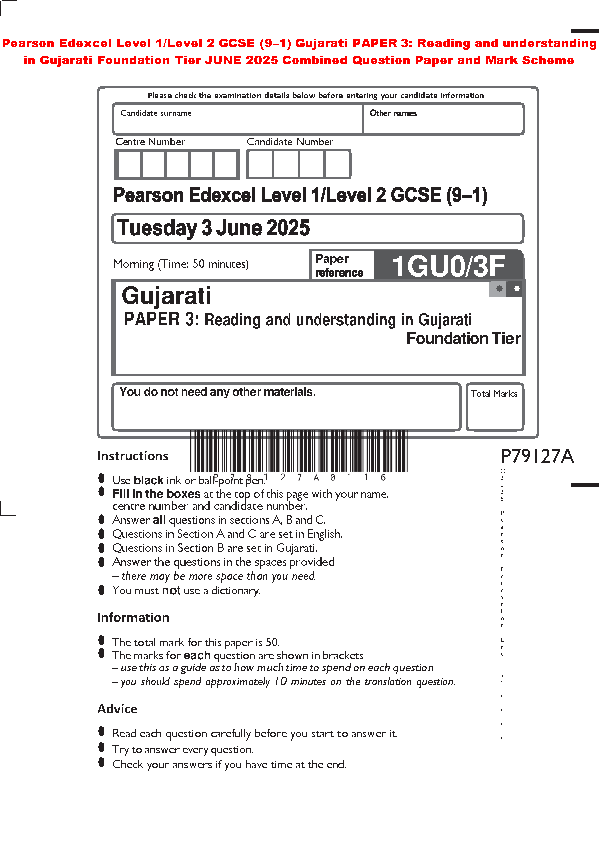 Pearson Edexcel GCSE Gujarati Foundation Tier Paper 3 Reading June 2025 Question Paper and Mark Scheme for Academic Year 2026/2027