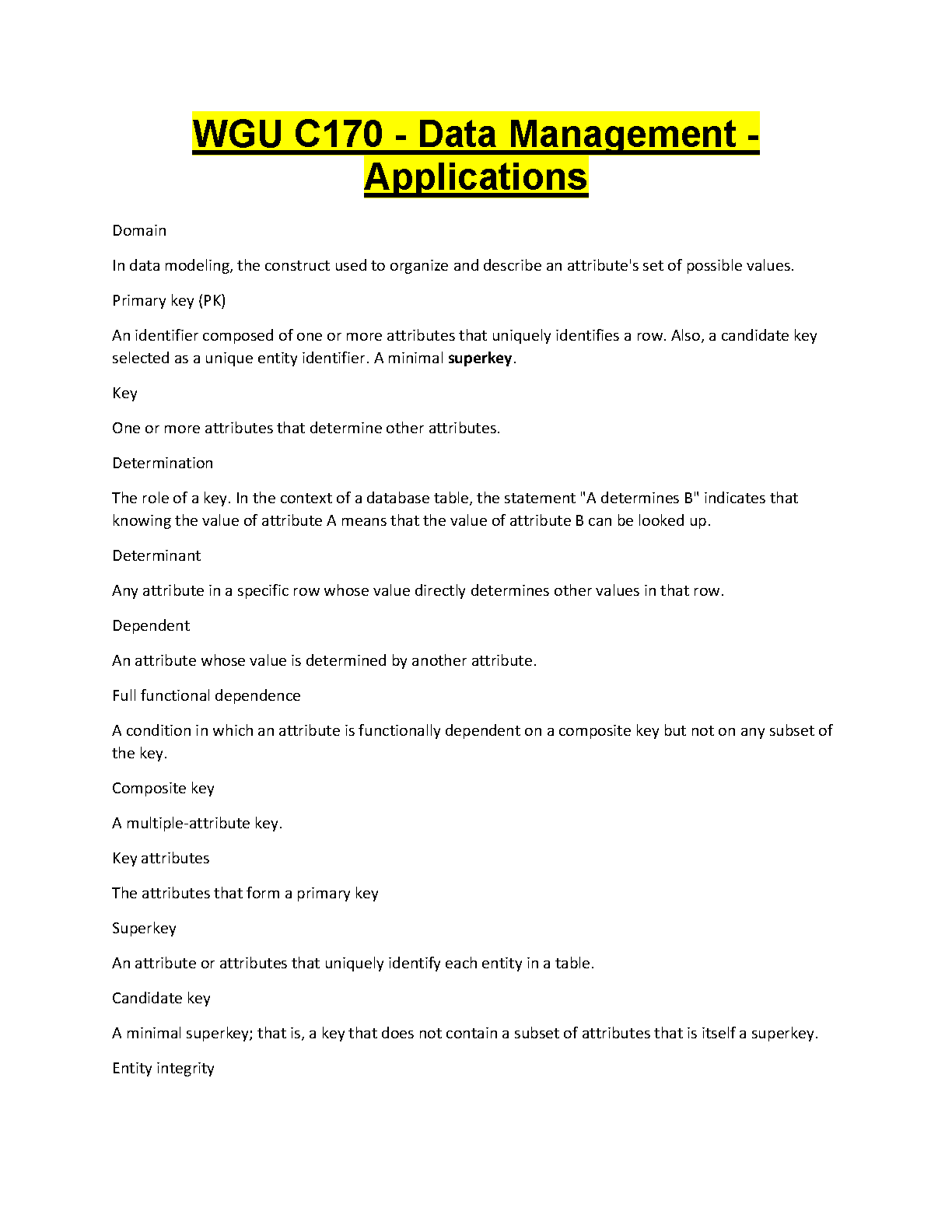 WGU C170 Data Management Applications Study Guide 2025/26: Coronel & Morris Key Concepts and OA Prep
