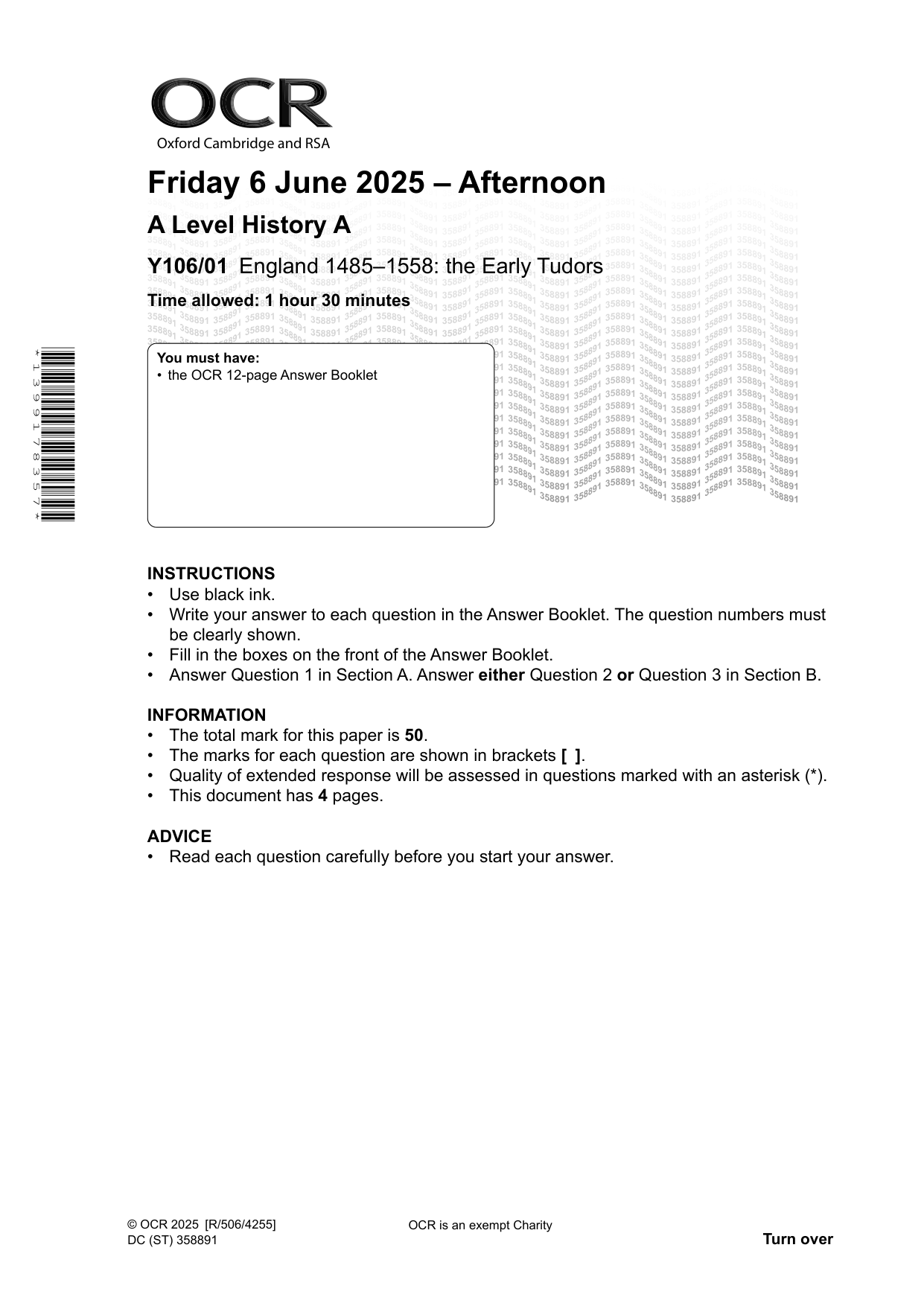 OCR A Level History A Early Tudors 2025 Question Paper