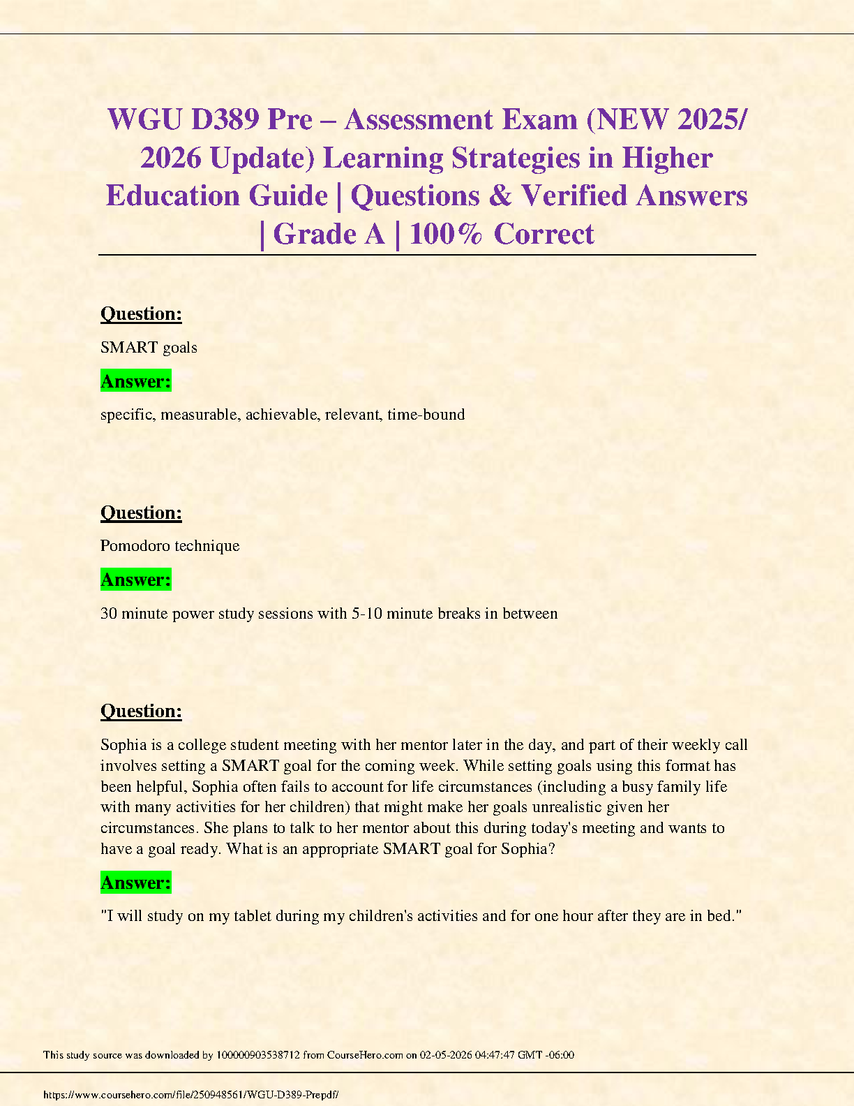 WGU D389 Learning Strategies in Higher Education 2025/2026 Pre-Assessment Exam Test Bank Verified Q&A