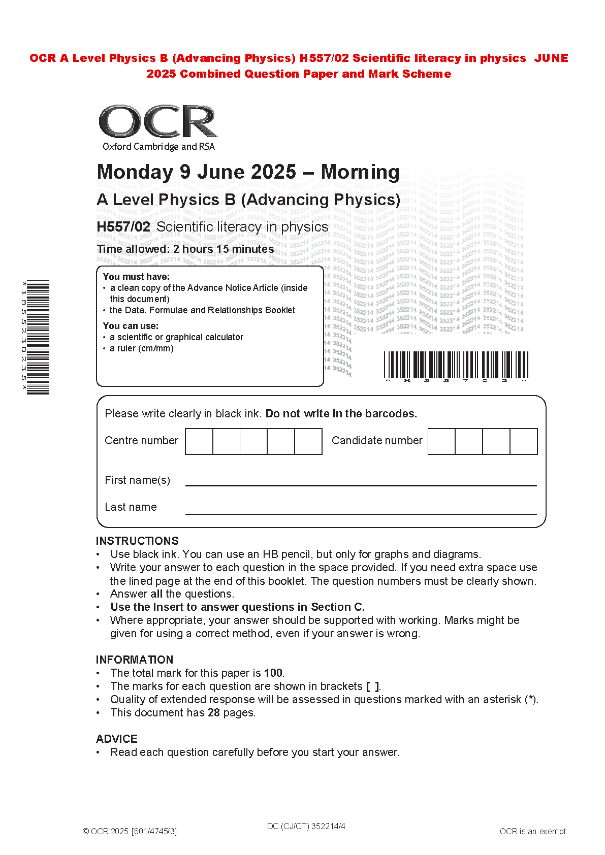 AQA A Level Physics B Advancing Scientific Literacy H557/02 June 2025 Past Paper With Mark Scheme for Students