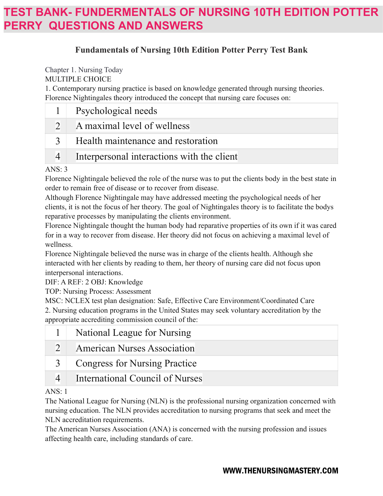 Fundamentals of Nursing 10th Edition TEST BANK