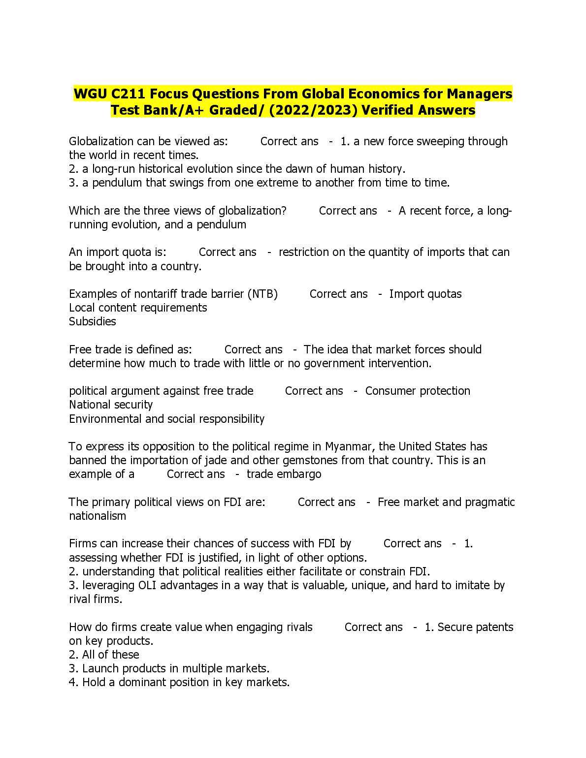 WGU C211 Global Economics for Managers Test Bank Focus Questions with Answers and Key Concepts Explained