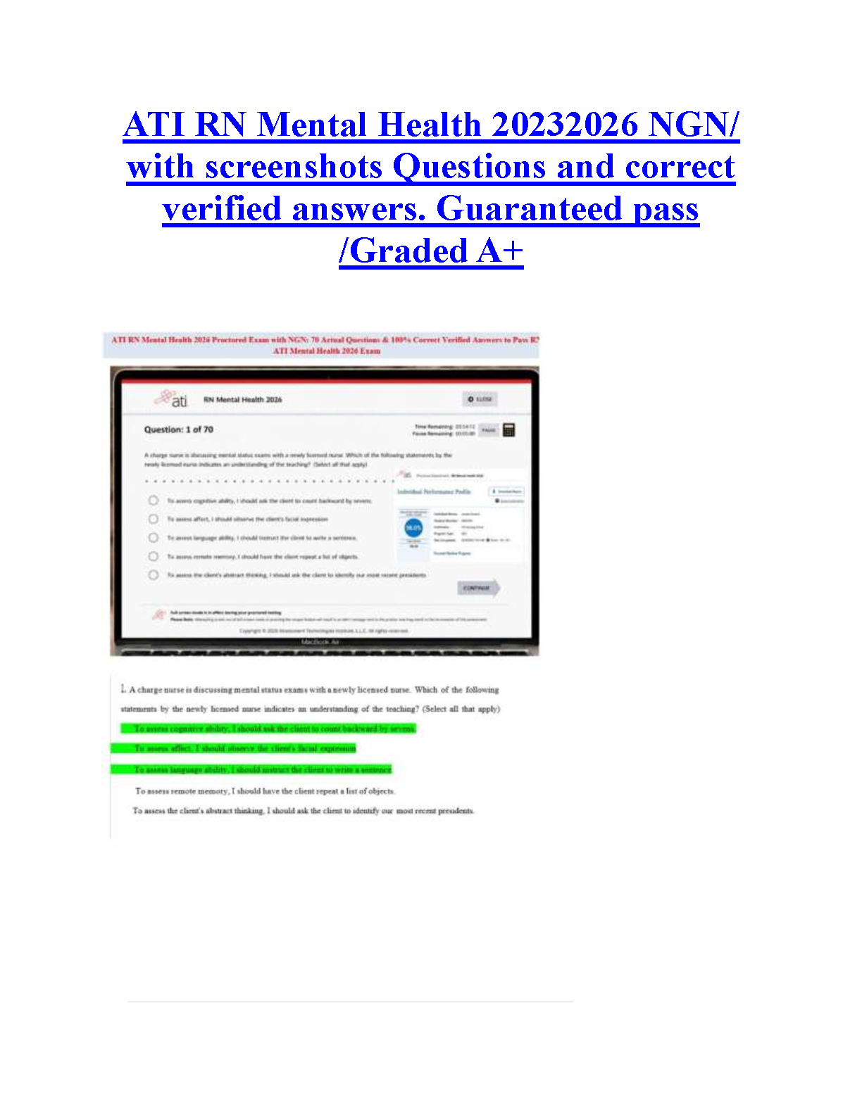 ATI RN Mental Health NGN Test Bank 2026-2027 Edition with Screenshots Verified Answers for New Grad Nurses A+ Guarantee