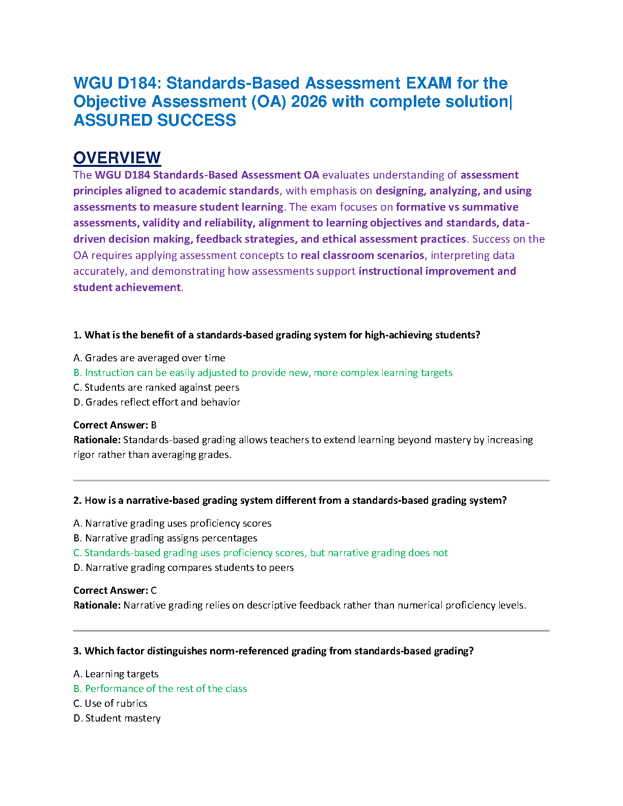 WGU D184 Standards-Based Assessment Test Bank: Verified Questions, Answers and Rationales for Exam Success 2026