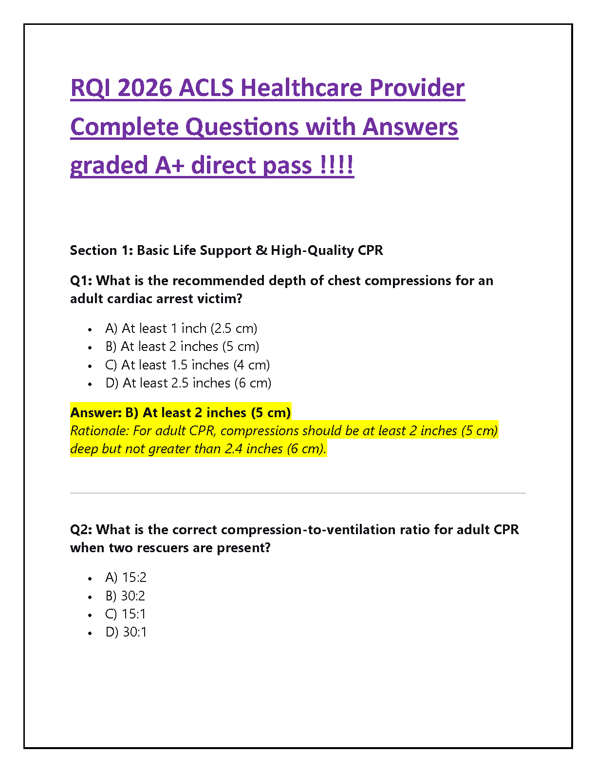 RQI 2026 ACLS Healthcare Provider Test Bank | American Heart ...