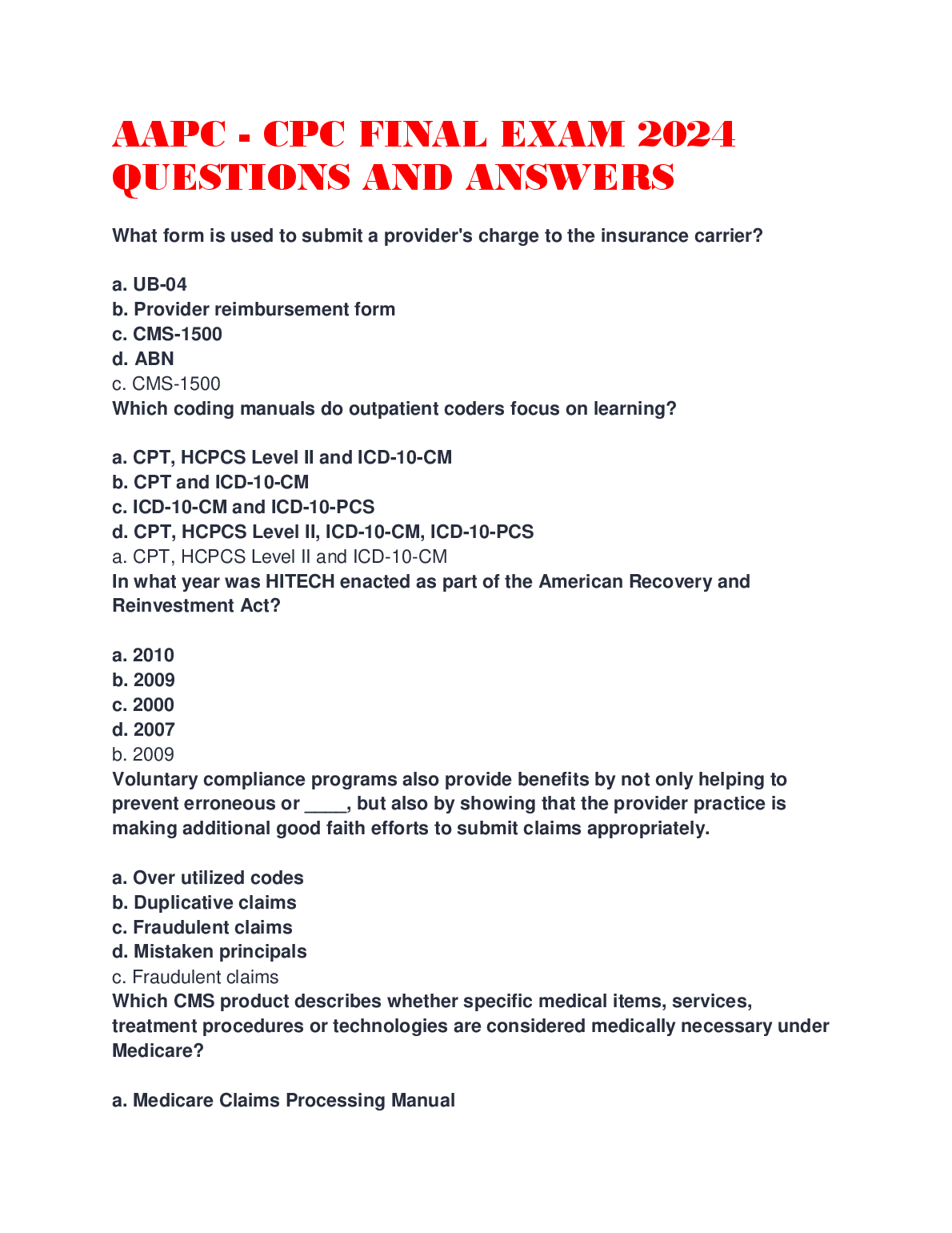 AAPC CPC Final Exam 2024 Questions and Answers by Unknown Author