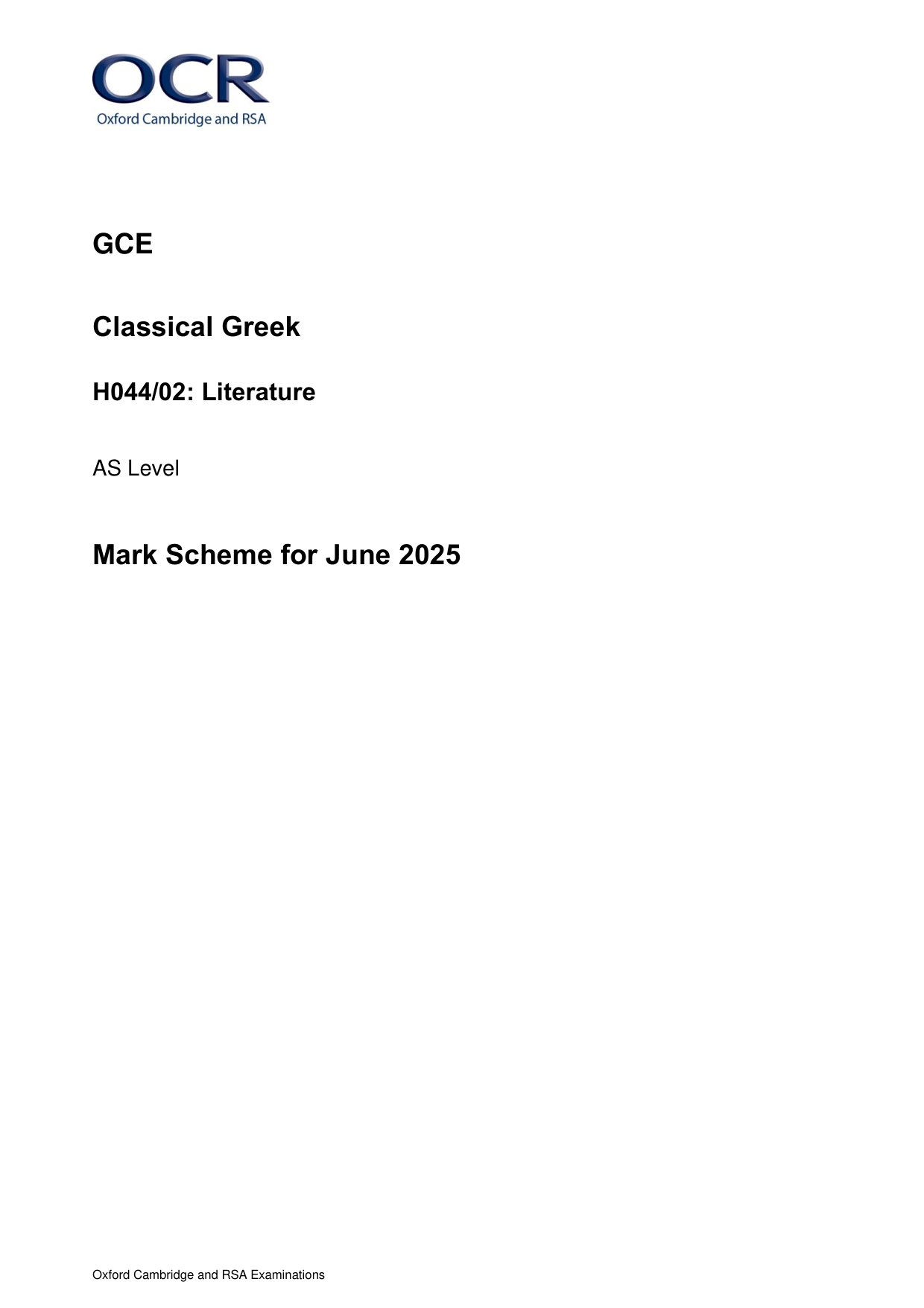 OCR AS Level Classical Greek Paper 2 Mark Scheme