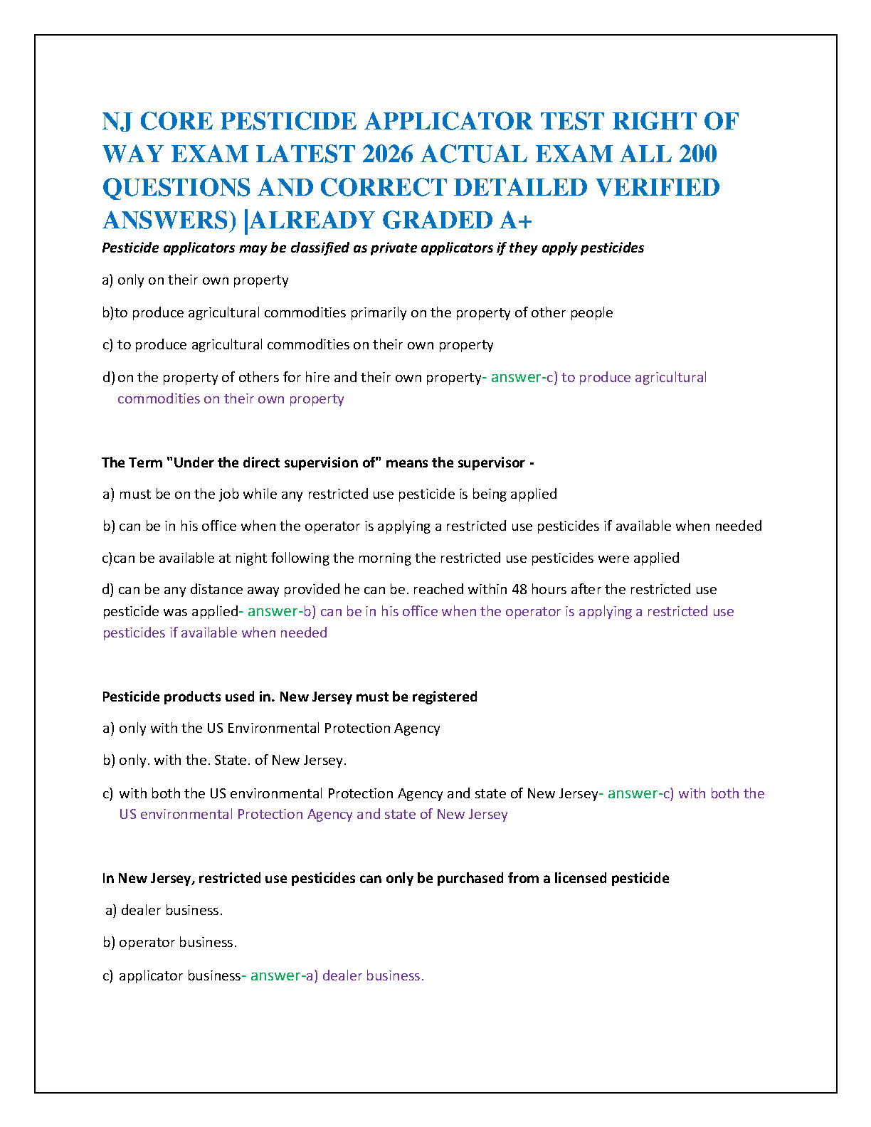 NJ Core Pesticide Applicator Right of Way Exam Preparation 2025/2026: 200 Questions and Verified Answers for First Attempt Success