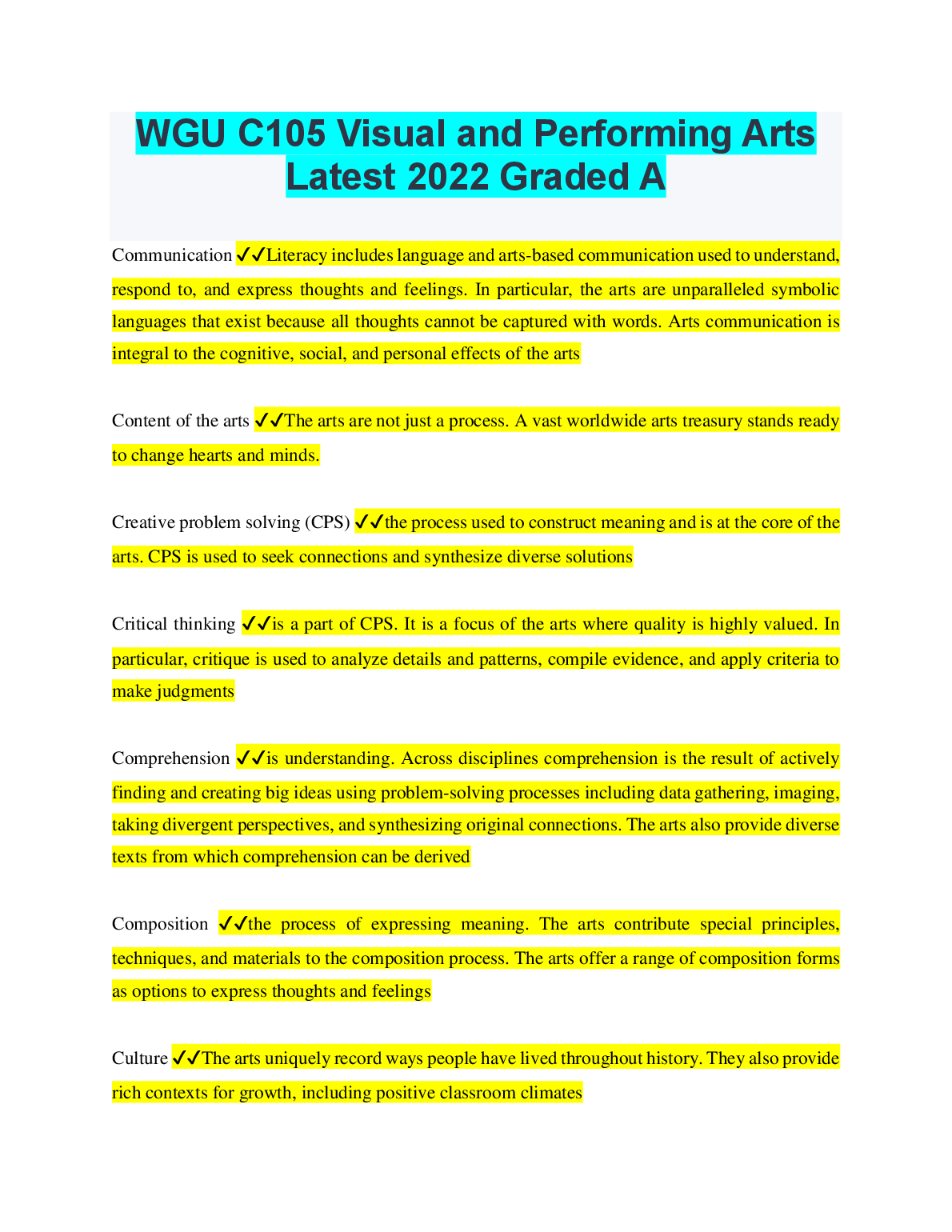 WGU C105 Visual and Performing Arts Study Guide 2023: Key Concepts, CPS, Critique, and Comprehension Overview