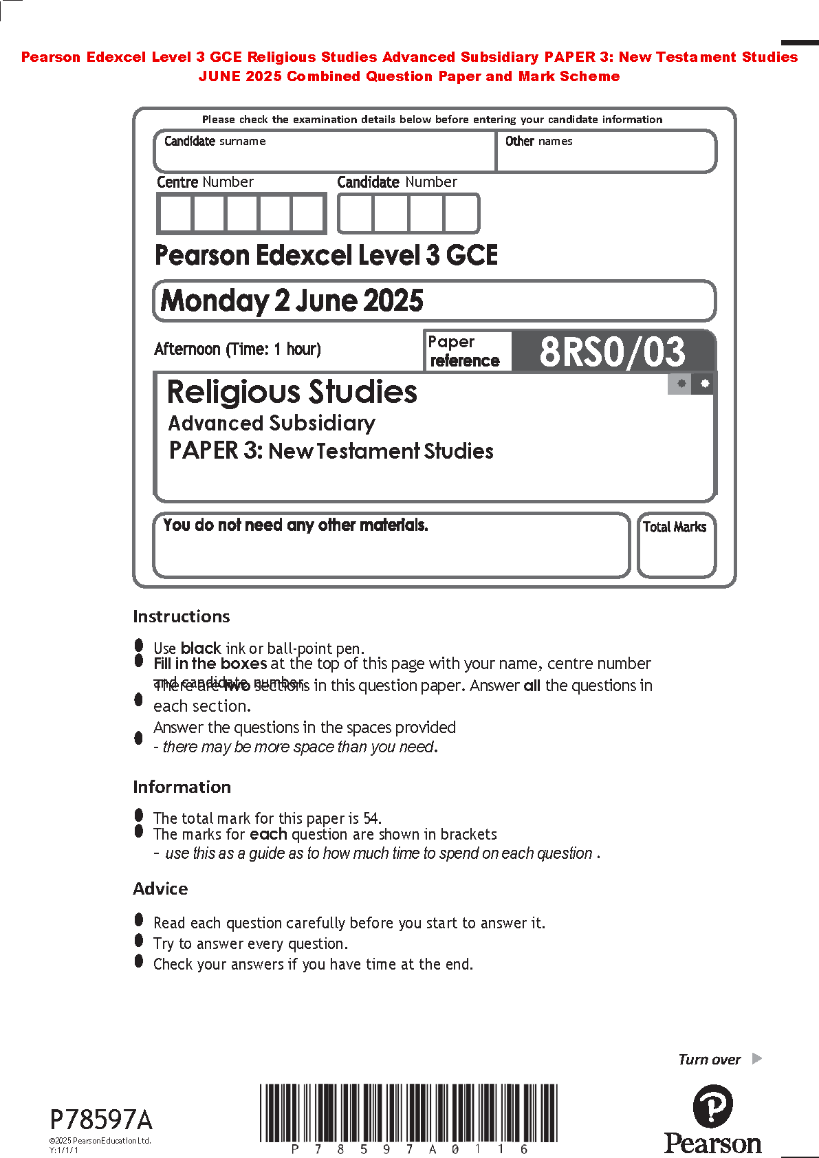 Pearson Edexcel Level 3 GCE Religious Studies AS Paper 3 New Testament Studies June 2025 Question Paper and Mark Scheme