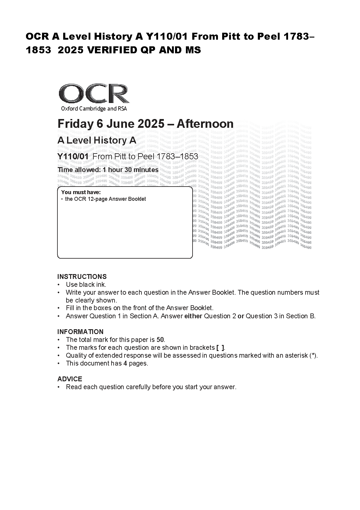 OCR A Level History Y110/01 From Pitt to Peel June 2025 Question Paper and Mark Scheme for Academic Year 2026-27