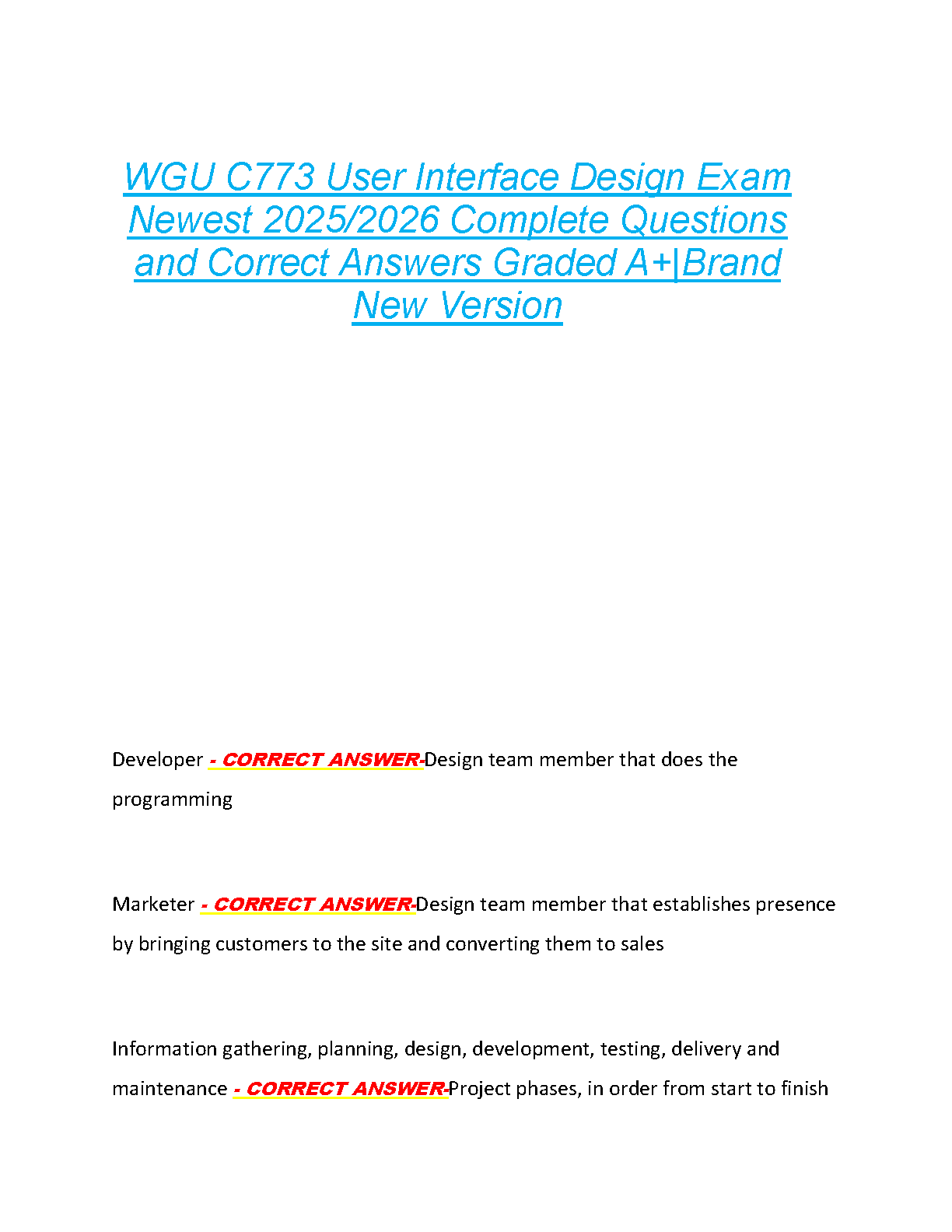 WGU C773 User Interface Design Test Bank: Verified Questions and A+ Graded Answers for 2025/2026 Edition