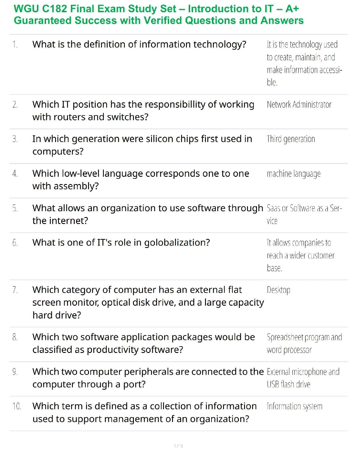 WGU C182 Introduction to IT Final Exam Test Bank Latest 2025/2026 Edition with A+ Verified Questions and Answers